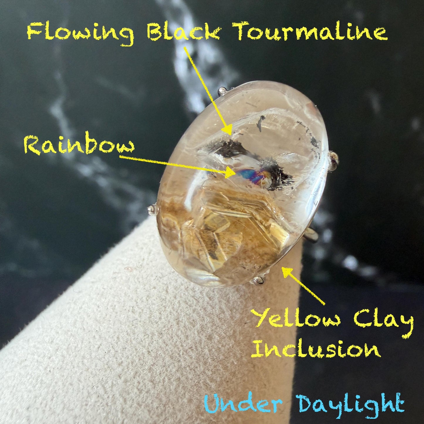 Rare Polished Enhydro Quartz (Herkimer Diamond) S925 Silver Adjustable Ring: Rainbow! Moving Black Tourmaline & Yellow Clay Inclusion Crystal Statement Ring for Women ring crystal band ring crystal cocktail ring crystal stackable ring 7 chakra crystal ring meditation crystal healing stone birthstone silver ring ring for men rainbow quartz minerals specimen inclusion quartz rainbow quartz inclusion quartz enhydro crystal sand inclusion bubble inclusion dirt inclusion bubble inclusion