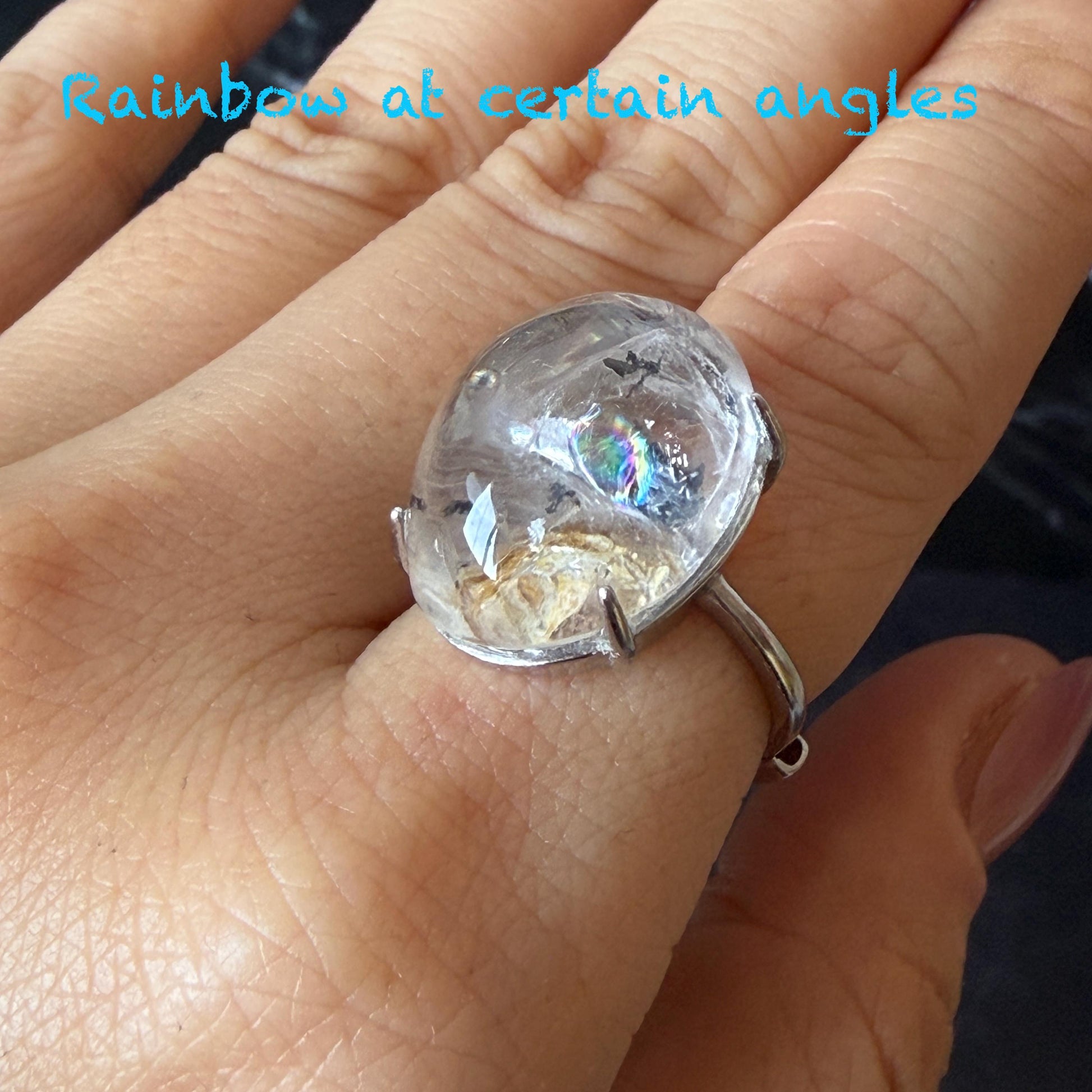 Rare Polished Enhydro Quartz (Herkimer Diamond) S925 Silver Adjustable Ring: Rainbow! Moving Black Tourmaline & Yellow Clay Inclusion Crystal Statement Ring for Women ring crystal band ring crystal cocktail ring crystal stackable ring 7 chakra crystal ring meditation crystal healing stone birthstone silver ring ring for men rainbow quartz minerals specimen inclusion quartz rainbow quartz inclusion quartz enhydro crystal sand inclusion bubble inclusion dirt inclusion bubble inclusion
