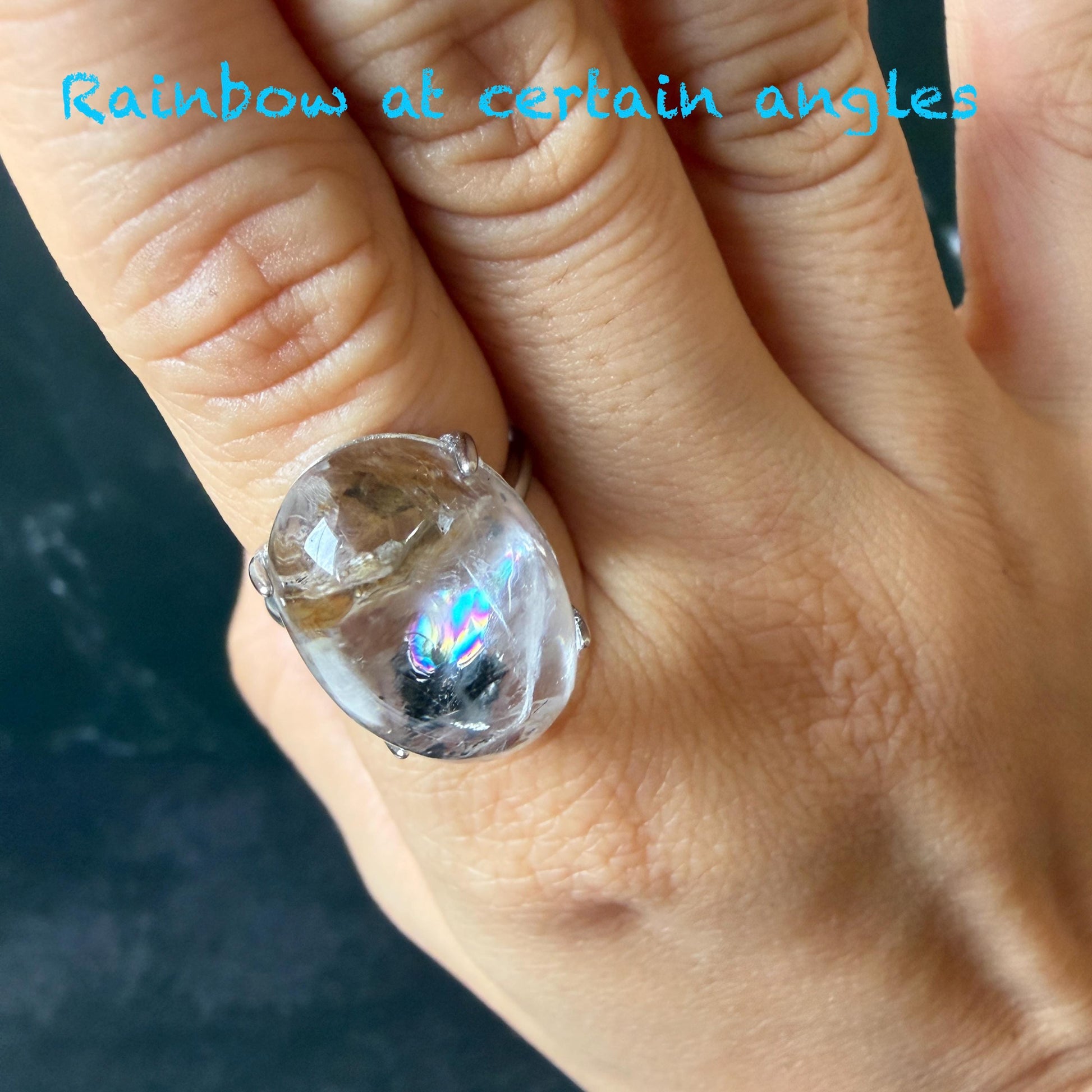 Rare Polished Enhydro Quartz (Herkimer Diamond) S925 Silver Adjustable Ring: Rainbow! Moving Black Tourmaline & Yellow Clay Inclusion Crystal Statement Ring for Women ring crystal band ring crystal cocktail ring crystal stackable ring 7 chakra crystal ring meditation crystal healing stone birthstone silver ring ring for men rainbow quartz minerals specimen inclusion quartz rainbow quartz inclusion quartz enhydro crystal sand inclusion bubble inclusion dirt inclusion bubble inclusion