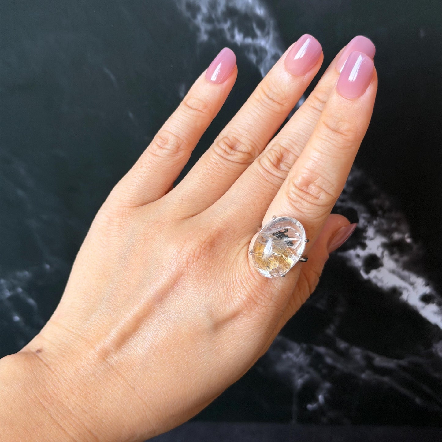 Rare Polished Enhydro Quartz (Herkimer Diamond) S925 Silver Adjustable Ring: Rainbow! Moving Black Tourmaline & Yellow Clay Inclusion Crystal Statement Ring for Women ring crystal band ring crystal cocktail ring crystal stackable ring 7 chakra crystal ring meditation crystal healing stone birthstone silver ring ring for men rainbow quartz minerals specimen inclusion quartz rainbow quartz inclusion quartz enhydro crystal sand inclusion bubble inclusion dirt inclusion bubble inclusion
