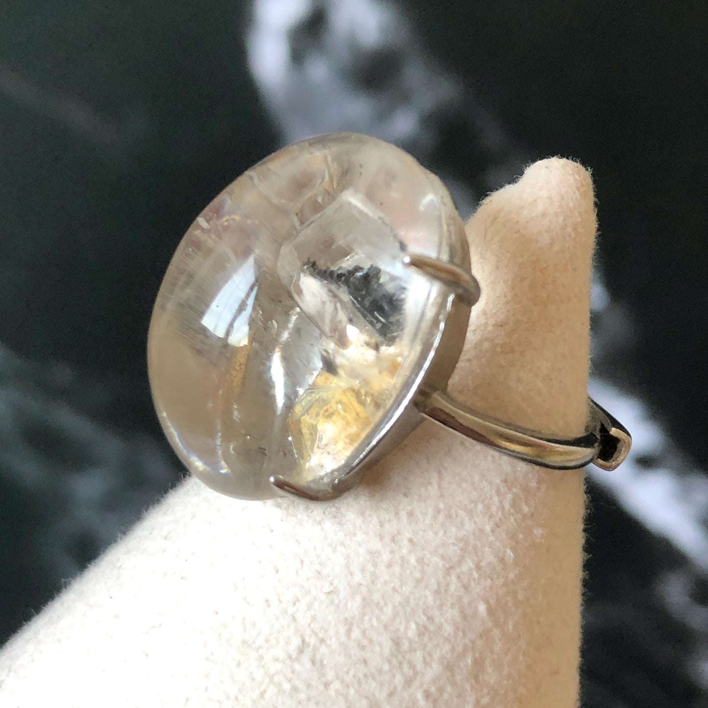 Rare Polished Enhydro Quartz (Herkimer Diamond) S925 Silver Adjustable Ring: Rainbow! Moving Black Tourmaline & Yellow Clay Inclusion Crystal Statement Ring for Women ring crystal band ring crystal cocktail ring crystal stackable ring 7 chakra crystal ring meditation crystal healing stone birthstone silver ring ring for men rainbow quartz minerals specimen inclusion quartz rainbow quartz inclusion quartz enhydro crystal sand inclusion bubble inclusion dirt inclusion bubble inclusion