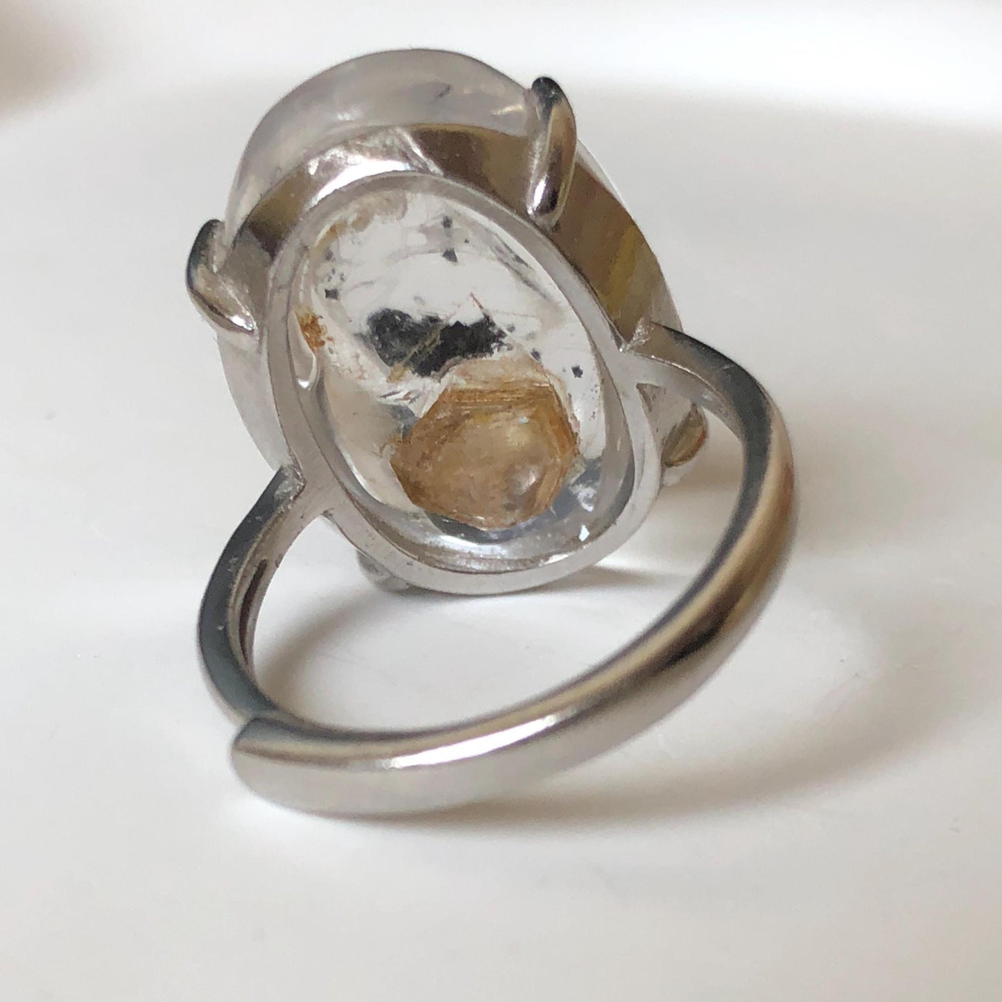 Rare Polished Enhydro Quartz (Herkimer Diamond) S925 Silver Adjustable Ring: Rainbow! Moving Black Tourmaline & Yellow Clay Inclusion Crystal Statement Ring for Women ring crystal band ring crystal cocktail ring crystal stackable ring 7 chakra crystal ring meditation crystal healing stone birthstone silver ring ring for men rainbow quartz minerals specimen inclusion quartz rainbow quartz inclusion quartz enhydro crystal sand inclusion bubble inclusion dirt inclusion bubble inclusion