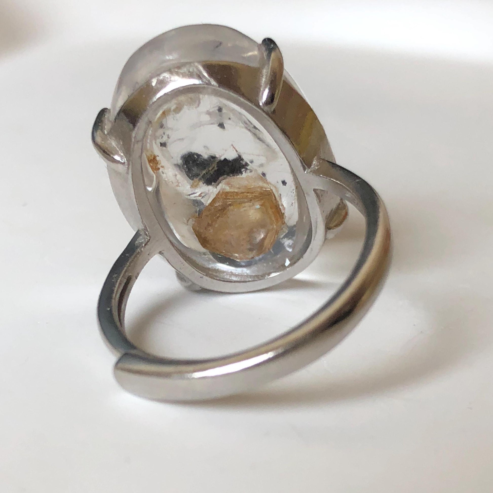 Rare Polished Enhydro Quartz (Herkimer Diamond) S925 Silver Adjustable Ring: Rainbow! Moving Black Tourmaline & Yellow Clay Inclusion Crystal Statement Ring for Women ring crystal band ring crystal cocktail ring crystal stackable ring 7 chakra crystal ring meditation crystal healing stone birthstone silver ring ring for men rainbow quartz minerals specimen inclusion quartz rainbow quartz inclusion quartz enhydro crystal sand inclusion bubble inclusion dirt inclusion bubble inclusion