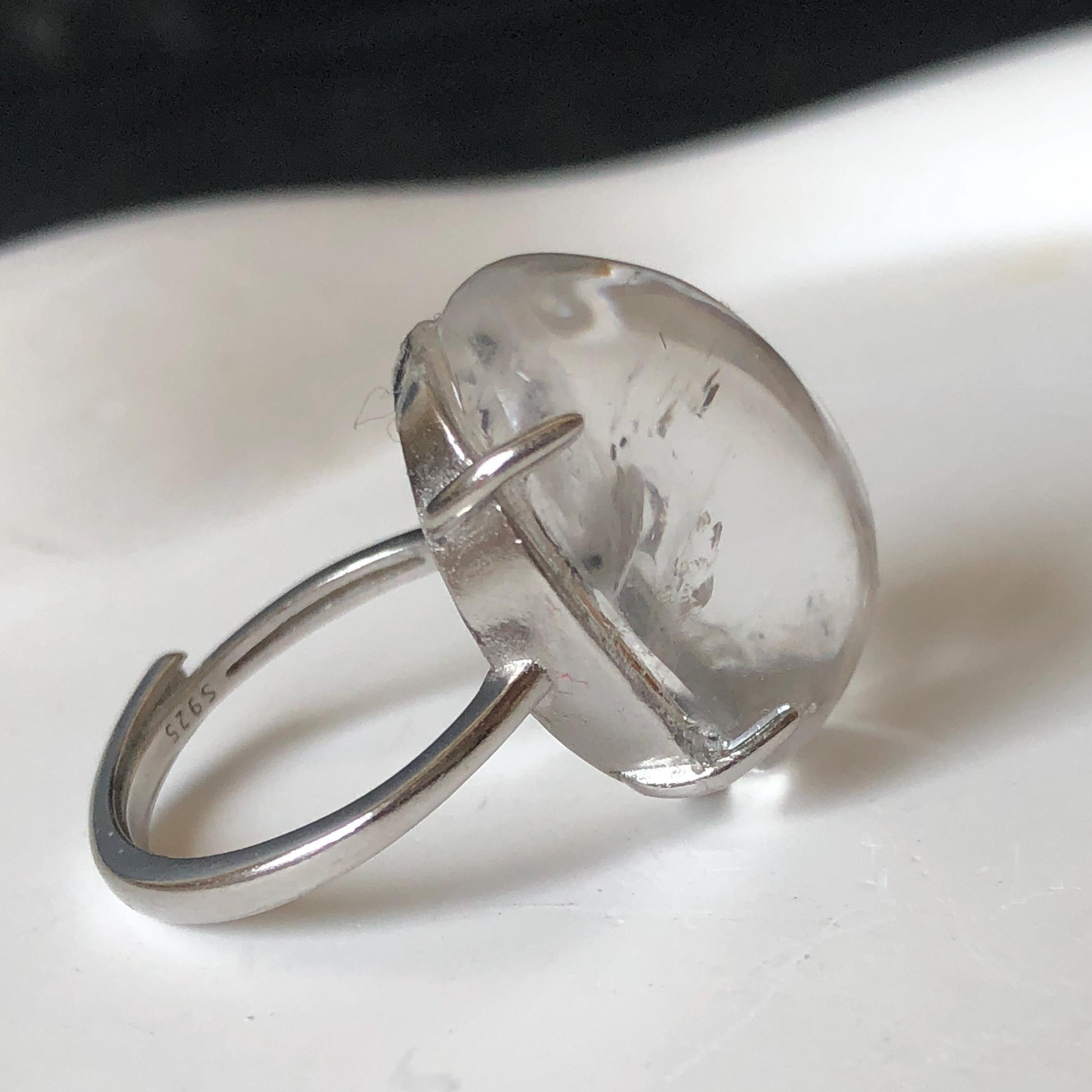 Rare Polished Enhydro Quartz (Herkimer Diamond) S925 Silver Adjustable Ring: Rainbow! Moving Black Tourmaline & Yellow Clay Inclusion Crystal Statement Ring for Women ring crystal band ring crystal cocktail ring crystal stackable ring 7 chakra crystal ring meditation crystal healing stone birthstone silver ring ring for men rainbow quartz minerals specimen inclusion quartz rainbow quartz inclusion quartz enhydro crystal sand inclusion bubble inclusion dirt inclusion bubble inclusion