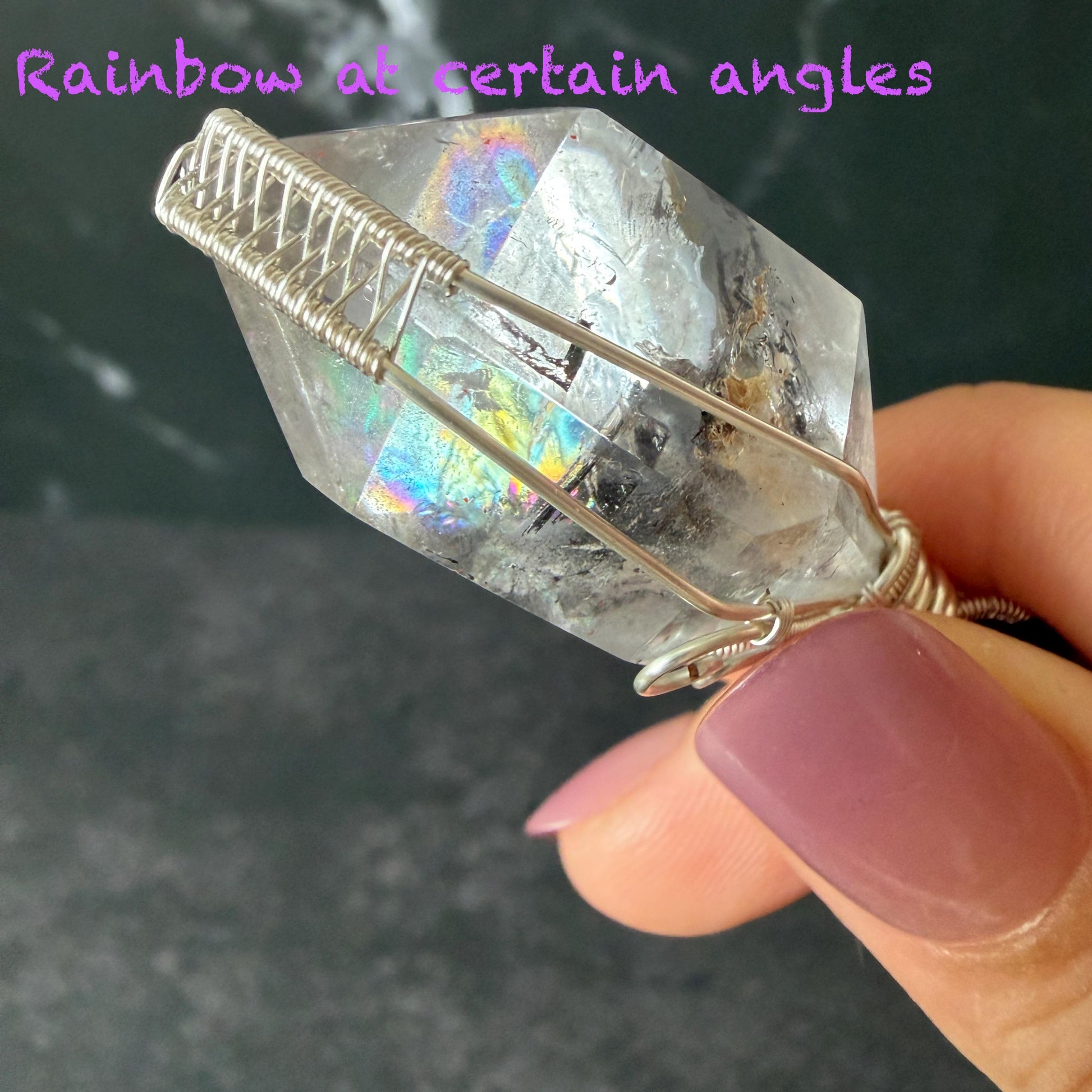 Polished Enhydro Quartz (Herkimer Diamond) Wire Wrapped Pendant Adjustable Necklace:  Rainbow! Moving Sand Inclusion Crystal | Natural Gemstone Birthstone Gift for her enhydro quartz sand water-fall pendant necklace choker gemstone charm stone pendant choker polished stone pendant crystal charm birthstone gift for her men necklace chakra crystal purify stone minerals specimen adjustable choker silver wire wrapped pendant rainbow quartz rainbow quartz sand inclusion crystal charm