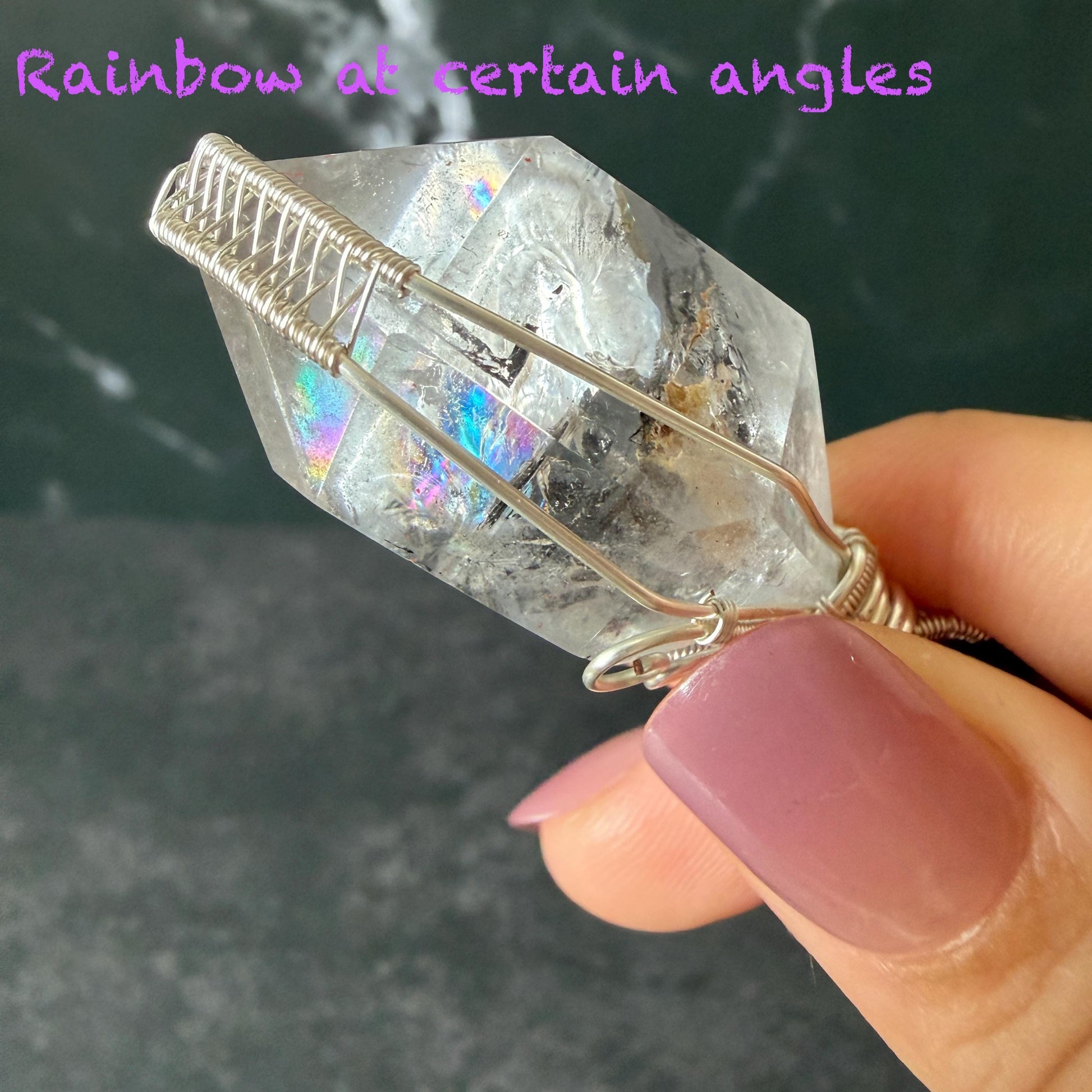 Polished Enhydro Quartz (Herkimer Diamond) Wire Wrapped Pendant Adjustable Necklace:  Rainbow! Moving Sand Inclusion Crystal | Natural Gemstone Birthstone Gift for her enhydro quartz sand water-fall pendant necklace choker gemstone charm stone pendant choker polished stone pendant crystal charm birthstone gift for her men necklace chakra crystal purify stone minerals specimen adjustable choker silver wire wrapped pendant rainbow quartz rainbow quartz sand inclusion crystal charm