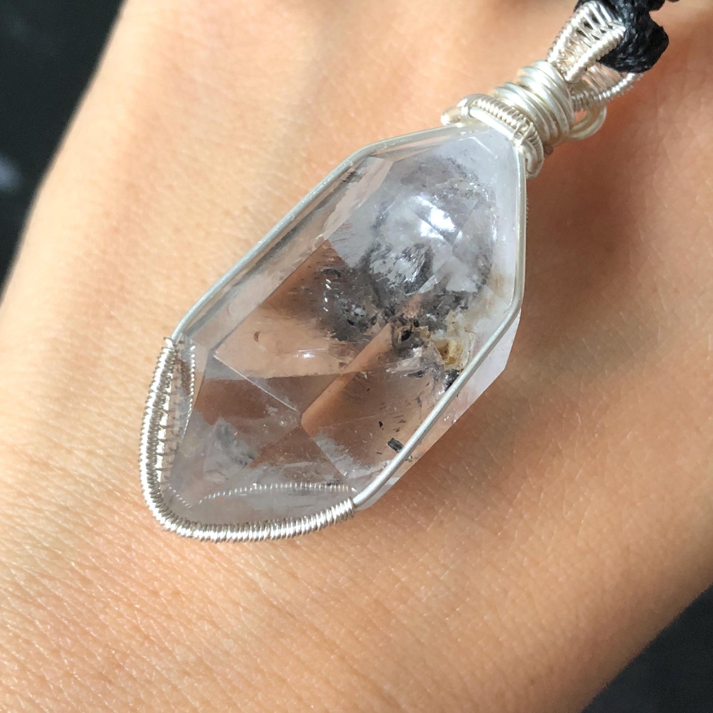 Polished Enhydro Quartz (Herkimer Diamond) Wire Wrapped Pendant Adjustable Necklace:  Rainbow! Moving Sand Inclusion Crystal | Natural Gemstone Birthstone Gift for her enhydro quartz sand water-fall pendant necklace choker gemstone charm stone pendant choker polished stone pendant crystal charm birthstone gift for her men necklace chakra crystal purify stone minerals specimen adjustable choker silver wire wrapped pendant rainbow quartz rainbow quartz sand inclusion crystal charm