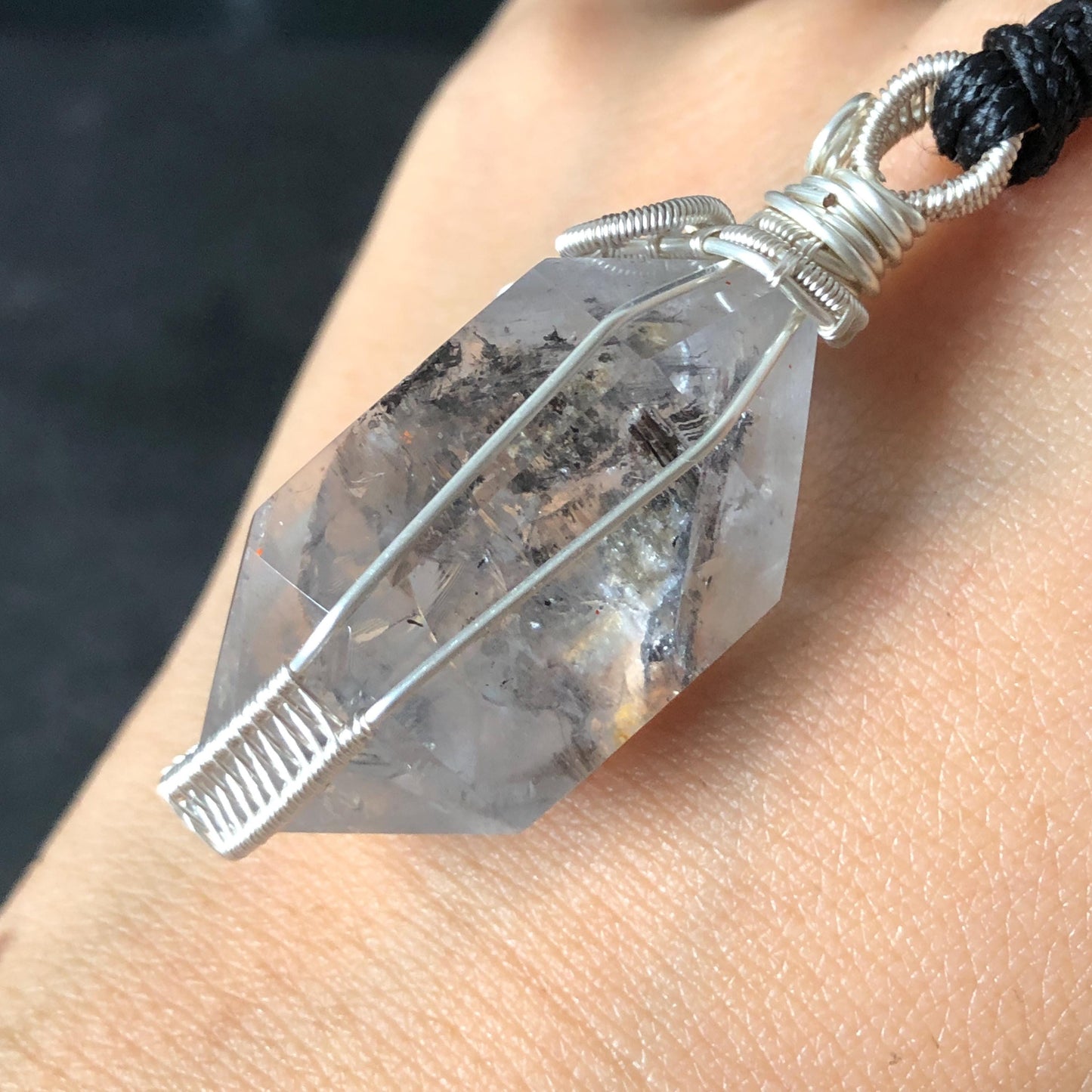 Polished Enhydro Quartz (Herkimer Diamond) Wire Wrapped Pendant Adjustable Necklace:  Rainbow! Moving Sand Inclusion Crystal | Natural Gemstone Birthstone Gift for her enhydro quartz sand water-fall pendant necklace choker gemstone charm stone pendant choker polished stone pendant crystal charm birthstone gift for her men necklace chakra crystal purify stone minerals specimen adjustable choker silver wire wrapped pendant rainbow quartz rainbow quartz sand inclusion crystal charm