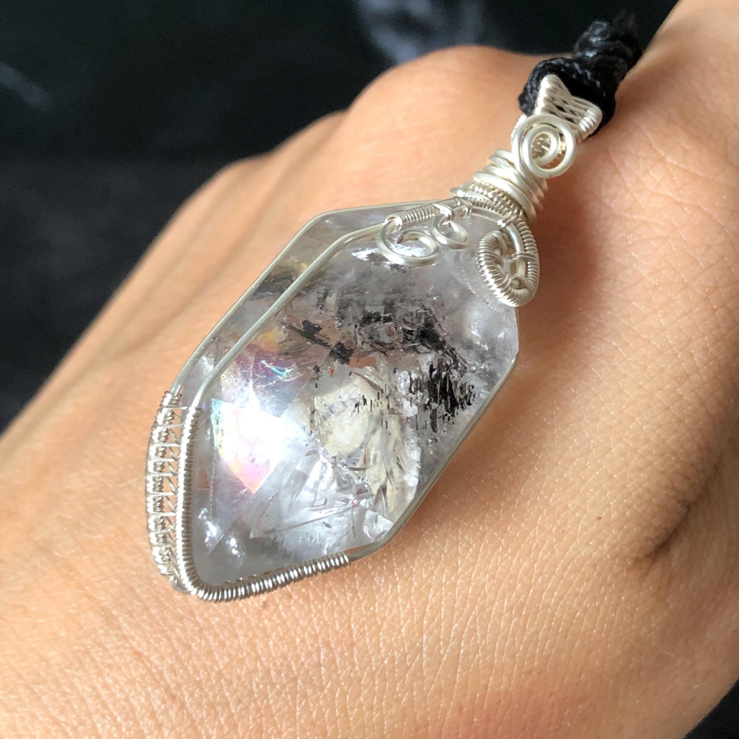 Polished Enhydro Quartz (Herkimer Diamond) Wire Wrapped Pendant Adjustable Necklace:  Rainbow! Moving Sand Inclusion Crystal | Natural Gemstone Birthstone Gift for her enhydro quartz sand water-fall pendant necklace choker gemstone charm stone pendant choker polished stone pendant crystal charm birthstone gift for her men necklace chakra crystal purify stone minerals specimen adjustable choker silver wire wrapped pendant rainbow quartz rainbow quartz sand inclusion crystal charm