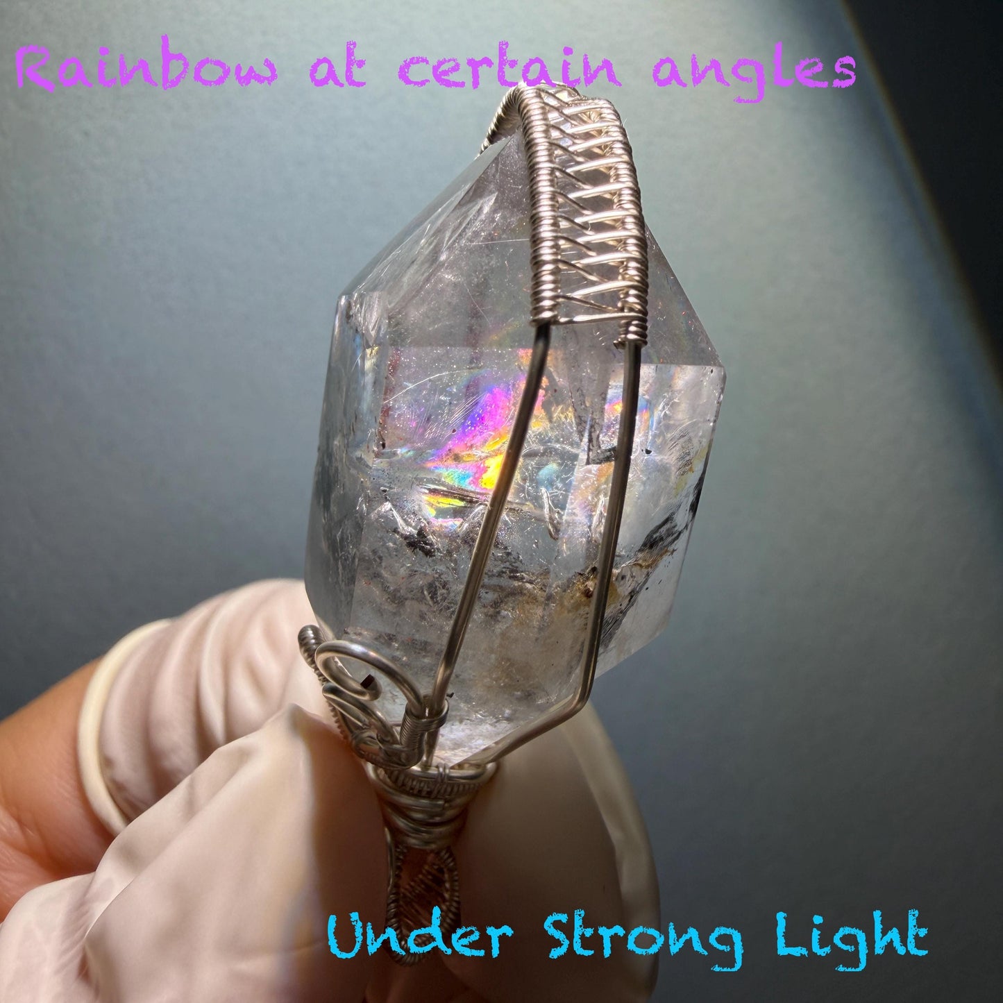 Polished Enhydro Quartz (Herkimer Diamond) Wire Wrapped Pendant Adjustable Necklace:  Rainbow! Moving Sand Inclusion Crystal | Natural Gemstone Birthstone Gift for her enhydro quartz sand water-fall pendant necklace choker gemstone charm stone pendant choker polished stone pendant crystal charm birthstone gift for her men necklace chakra crystal purify stone minerals specimen adjustable choker silver wire wrapped pendant rainbow quartz rainbow quartz sand inclusion crystal charm