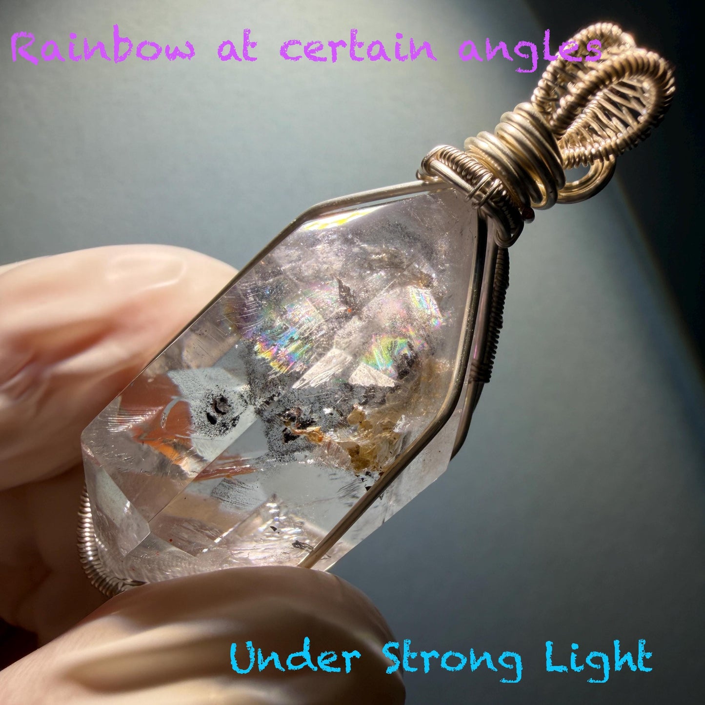 Polished Enhydro Quartz (Herkimer Diamond) Wire Wrapped Pendant Adjustable Necklace:  Rainbow! Moving Sand Inclusion Crystal | Natural Gemstone Birthstone Gift for her enhydro quartz sand water-fall pendant necklace choker gemstone charm stone pendant choker polished stone pendant crystal charm birthstone gift for her men necklace chakra crystal purify stone minerals specimen adjustable choker silver wire wrapped pendant rainbow quartz rainbow quartz sand inclusion crystal charm