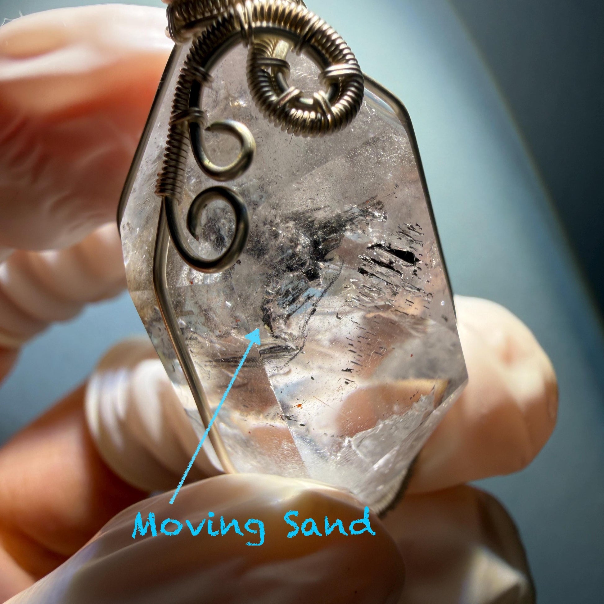 Polished Enhydro Quartz (Herkimer Diamond) Wire Wrapped Pendant Adjustable Necklace:  Rainbow! Moving Sand Inclusion Crystal | Natural Gemstone Birthstone Gift for her enhydro quartz sand water-fall pendant necklace choker gemstone charm stone pendant choker polished stone pendant crystal charm birthstone gift for her men necklace chakra crystal purify stone minerals specimen adjustable choker silver wire wrapped pendant rainbow quartz rainbow quartz sand inclusion crystal charm