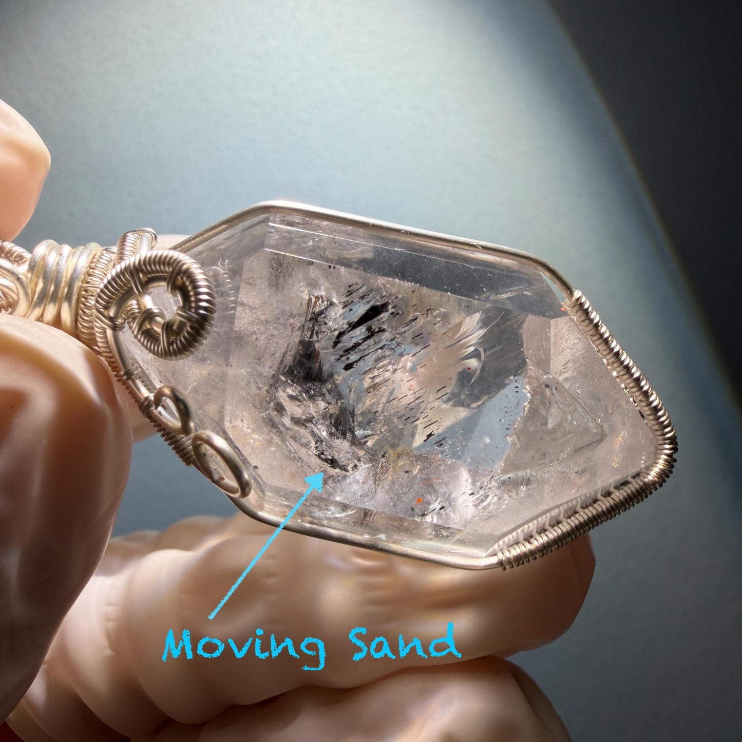 Polished Enhydro Quartz (Herkimer Diamond) Wire Wrapped Pendant Adjustable Necklace:  Rainbow! Moving Sand Inclusion Crystal | Natural Gemstone Birthstone Gift for her enhydro quartz sand water-fall pendant necklace choker gemstone charm stone pendant choker polished stone pendant crystal charm birthstone gift for her men necklace chakra crystal purify stone minerals specimen adjustable choker silver wire wrapped pendant rainbow quartz rainbow quartz sand inclusion crystal charm