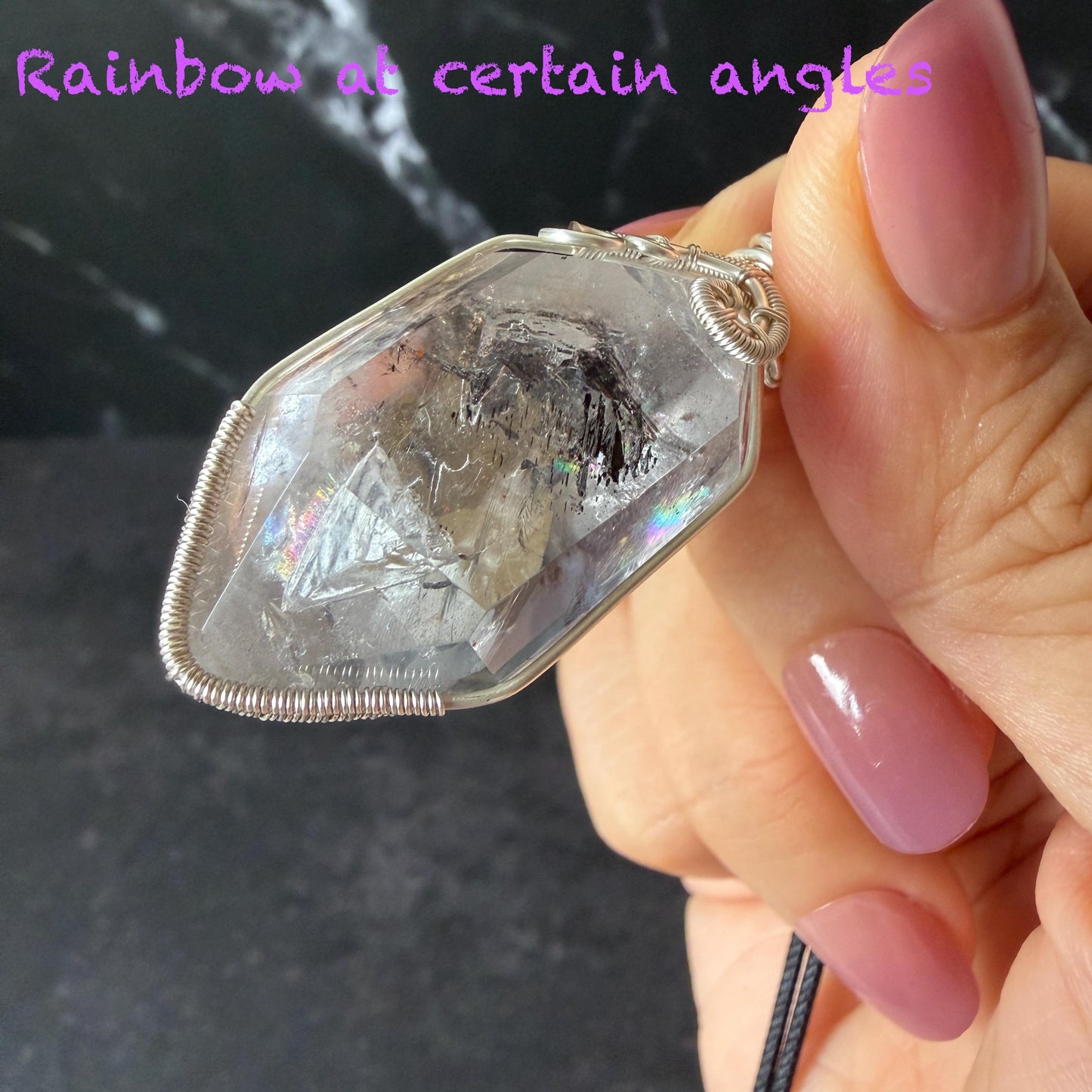 Polished Enhydro Quartz (Herkimer Diamond) Wire Wrapped Pendant Adjustable Necklace:  Rainbow! Moving Sand Inclusion Crystal | Natural Gemstone Birthstone Gift for her enhydro quartz sand water-fall pendant necklace choker gemstone charm stone pendant choker polished stone pendant crystal charm birthstone gift for her men necklace chakra crystal purify stone minerals specimen adjustable choker silver wire wrapped pendant rainbow quartz rainbow quartz sand inclusion crystal charm