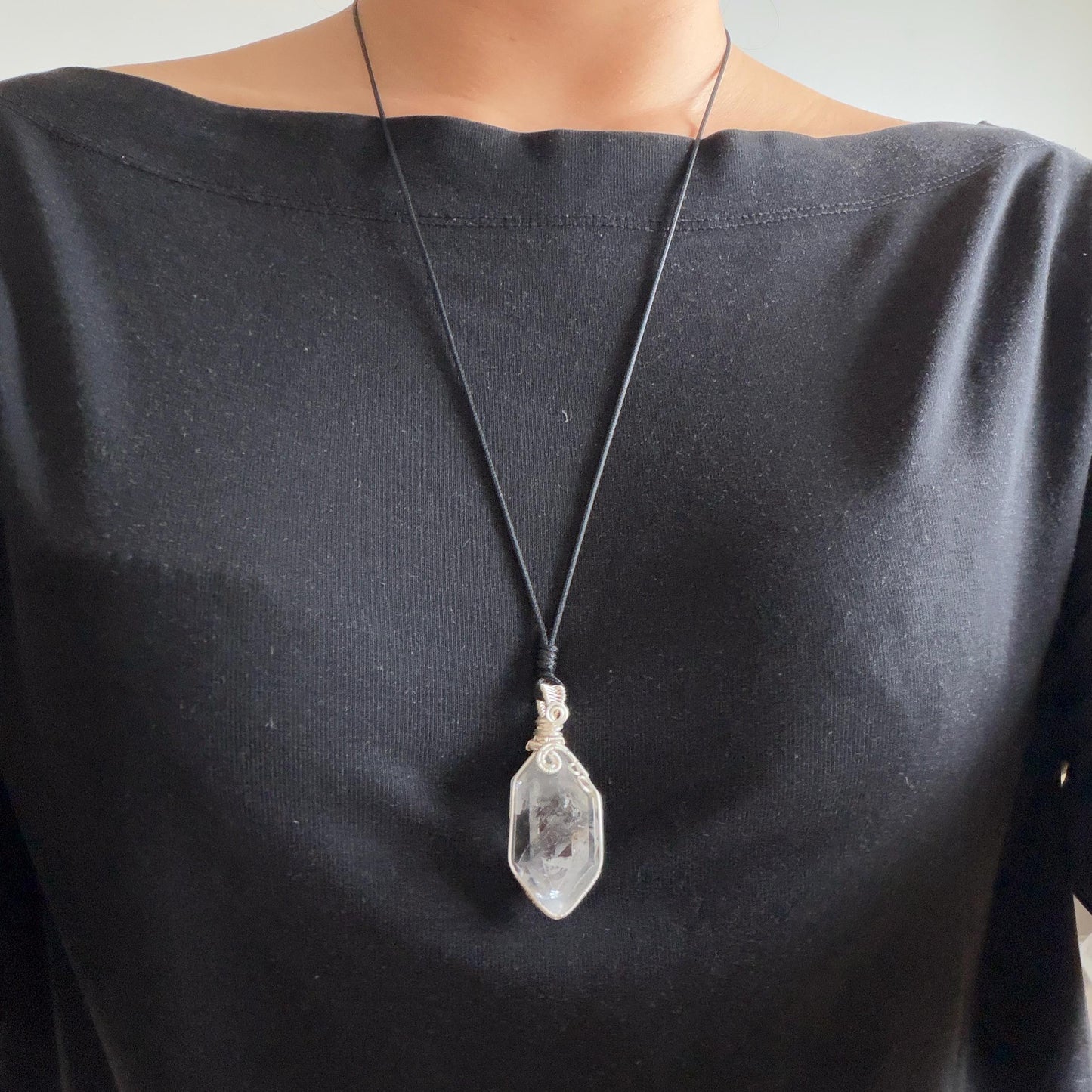 Polished Enhydro Quartz (Herkimer Diamond) Wire Wrapped Pendant Adjustable Necklace:  Rainbow! Moving Sand Inclusion Crystal | Natural Gemstone Birthstone Gift for her enhydro quartz sand water-fall pendant necklace choker gemstone charm stone pendant choker polished stone pendant crystal charm birthstone gift for her men necklace chakra crystal purify stone minerals specimen adjustable choker silver wire wrapped pendant rainbow quartz rainbow quartz sand inclusion crystal charm