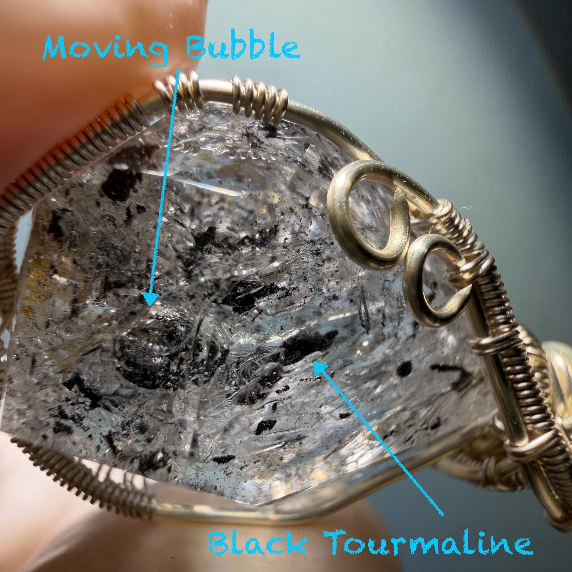 Polished Enhydro Quartz (Herkimer Diamond) Wire Wrapped Small Pendant Adjustable Necklace: Shifting Big Bubble and Moving Sand with Black Tourmaline Inclusion Crystal | Natural Gemstone Birthstone Gift for her  enhydro quartz sand water-fall pendant necklace choker gemstone charm stone pendant choker polished stone pendant crystal charm birthstone gift for her men necklace chakra crystal purify stone minerals specimen adjustable choker silver wire wrapped pendant