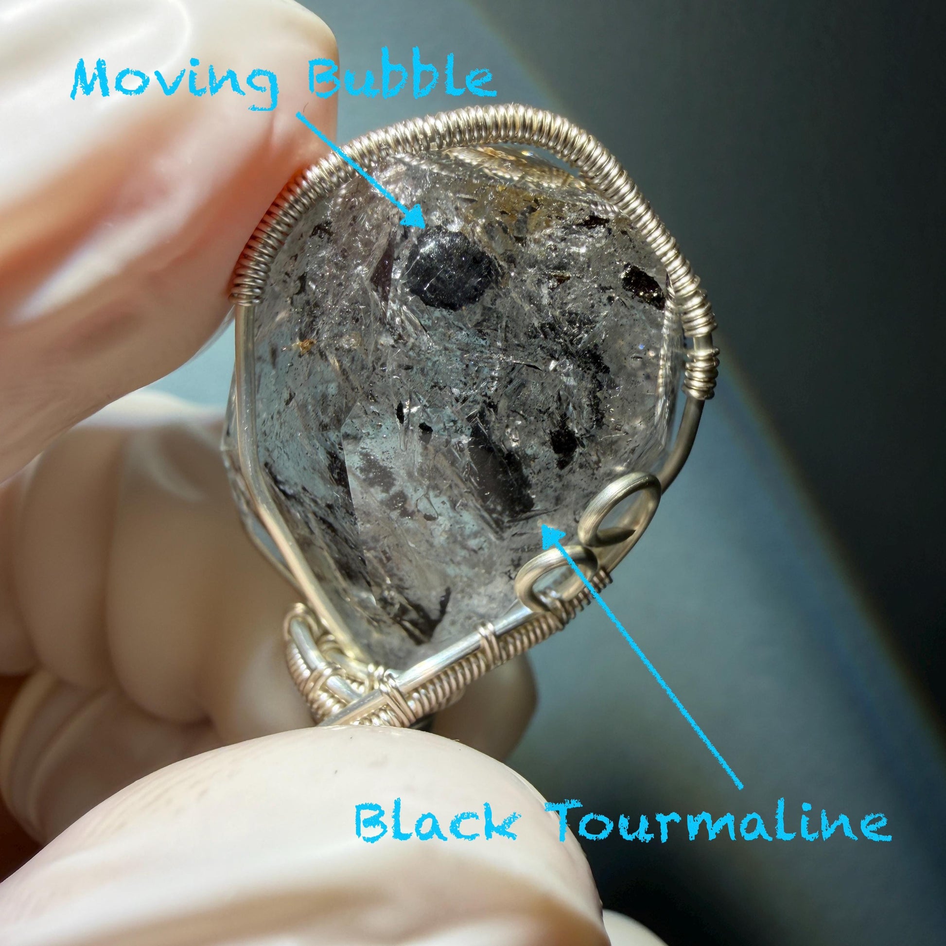 Polished Enhydro Quartz (Herkimer Diamond) Wire Wrapped Small Pendant Adjustable Necklace: Shifting Big Bubble and Moving Sand with Black Tourmaline Inclusion Crystal | Natural Gemstone Birthstone Gift for her  enhydro quartz sand water-fall pendant necklace choker gemstone charm stone pendant choker polished stone pendant crystal charm birthstone gift for her men necklace chakra crystal purify stone minerals specimen adjustable choker silver wire wrapped pendant