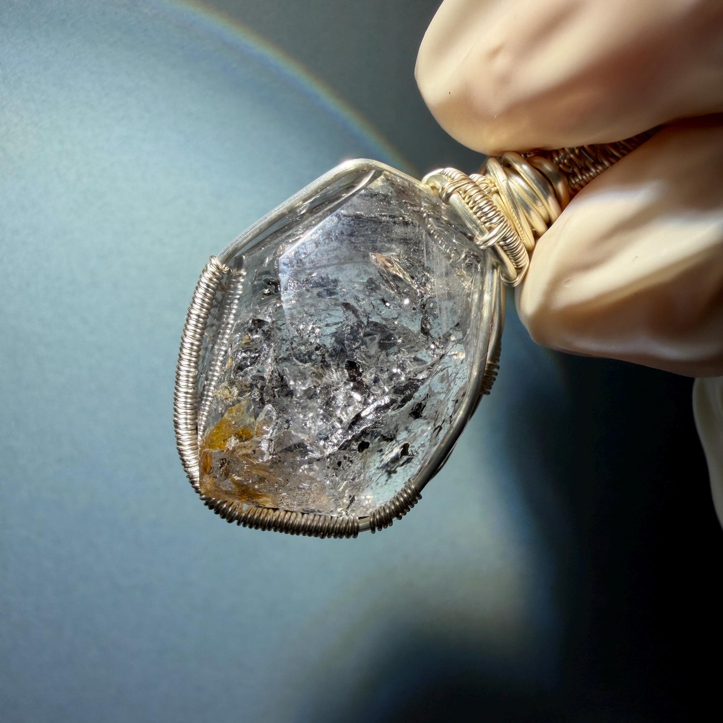 Polished Enhydro Quartz (Herkimer Diamond) Wire Wrapped Small Pendant Adjustable Necklace: Shifting Big Bubble and Moving Sand with Black Tourmaline Inclusion Crystal | Natural Gemstone Birthstone Gift for her  enhydro quartz sand water-fall pendant necklace choker gemstone charm stone pendant choker polished stone pendant crystal charm birthstone gift for her men necklace chakra crystal purify stone minerals specimen adjustable choker silver wire wrapped pendant