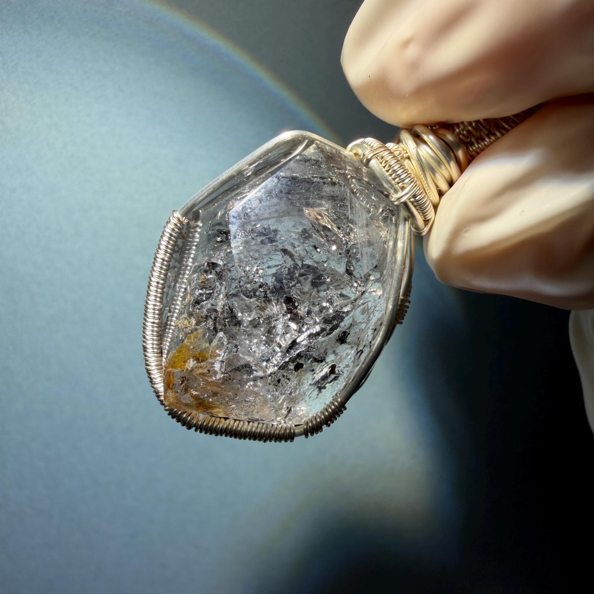 Polished Enhydro Quartz (Herkimer Diamond) Wire Wrapped Small Pendant Adjustable Necklace: Shifting Big Bubble and Moving Sand with Black Tourmaline Inclusion Crystal | Natural Gemstone Birthstone Gift for her  enhydro quartz sand water-fall pendant necklace choker gemstone charm stone pendant choker polished stone pendant crystal charm birthstone gift for her men necklace chakra crystal purify stone minerals specimen adjustable choker silver wire wrapped pendant