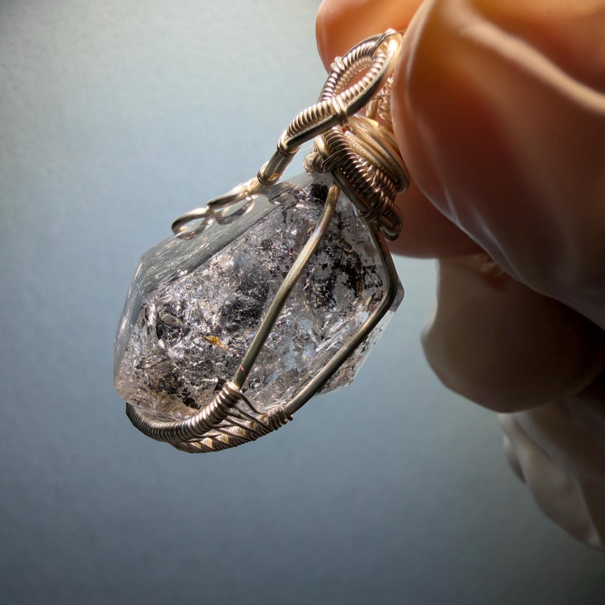 Polished Enhydro Quartz (Herkimer Diamond) Wire Wrapped Small Pendant Adjustable Necklace: Shifting Big Bubble and Moving Sand with Black Tourmaline Inclusion Crystal | Natural Gemstone Birthstone Gift for her  enhydro quartz sand water-fall pendant necklace choker gemstone charm stone pendant choker polished stone pendant crystal charm birthstone gift for her men necklace chakra crystal purify stone minerals specimen adjustable choker silver wire wrapped pendant