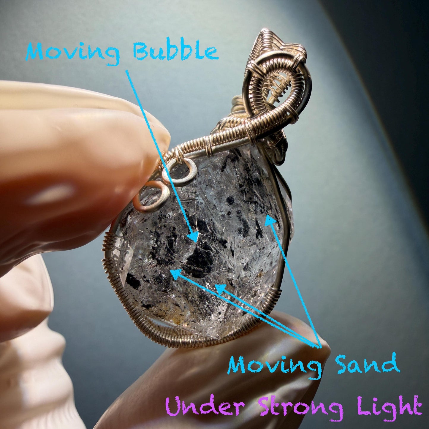 Polished Enhydro Quartz (Herkimer Diamond) Wire Wrapped Small Pendant Adjustable Necklace: Shifting Big Bubble and Moving Sand with Black Tourmaline Inclusion Crystal | Natural Gemstone Birthstone Gift for her  enhydro quartz sand water-fall pendant necklace choker gemstone charm stone pendant choker polished stone pendant crystal charm birthstone gift for her men necklace chakra crystal purify stone minerals specimen adjustable choker silver wire wrapped pendant