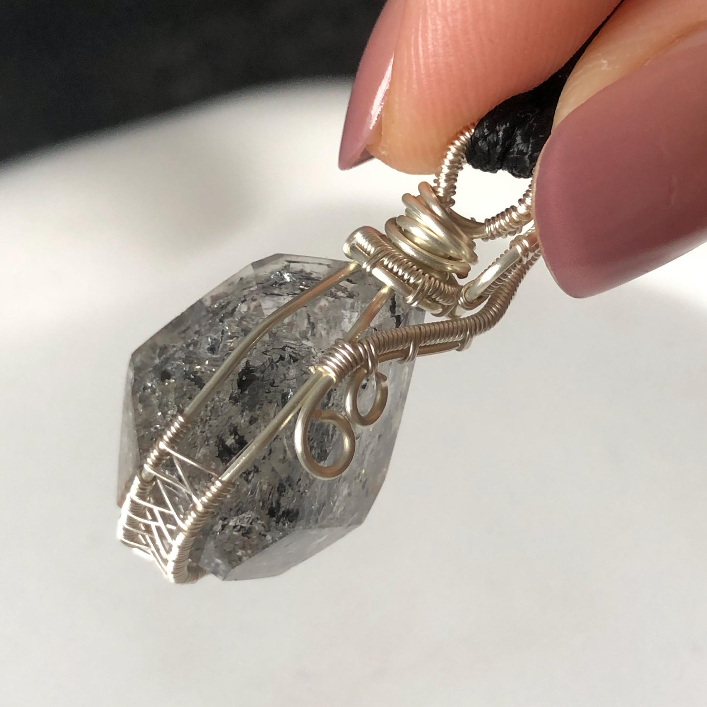 Polished Enhydro Quartz (Herkimer Diamond) Wire Wrapped Small Pendant Adjustable Necklace: Shifting Big Bubble and Moving Sand with Black Tourmaline Inclusion Crystal | Natural Gemstone Birthstone Gift for her  enhydro quartz sand water-fall pendant necklace choker gemstone charm stone pendant choker polished stone pendant crystal charm birthstone gift for her men necklace chakra crystal purify stone minerals specimen adjustable choker silver wire wrapped pendant