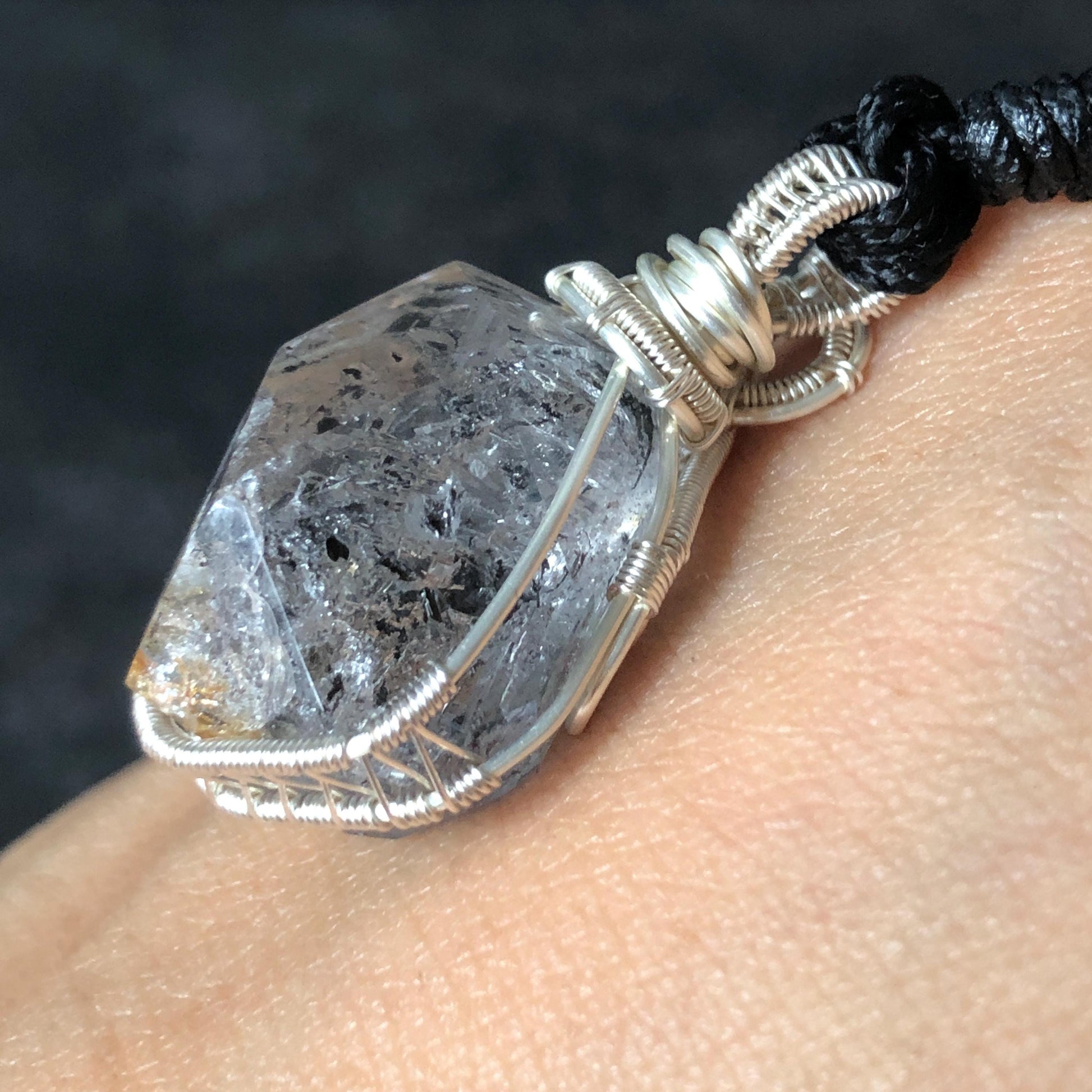 Polished Enhydro Quartz (Herkimer Diamond) Wire Wrapped Small Pendant Adjustable Necklace: Shifting Big Bubble and Moving Sand with Black Tourmaline Inclusion Crystal | Natural Gemstone Birthstone Gift for her  enhydro quartz sand water-fall pendant necklace choker gemstone charm stone pendant choker polished stone pendant crystal charm birthstone gift for her men necklace chakra crystal purify stone minerals specimen adjustable choker silver wire wrapped pendant