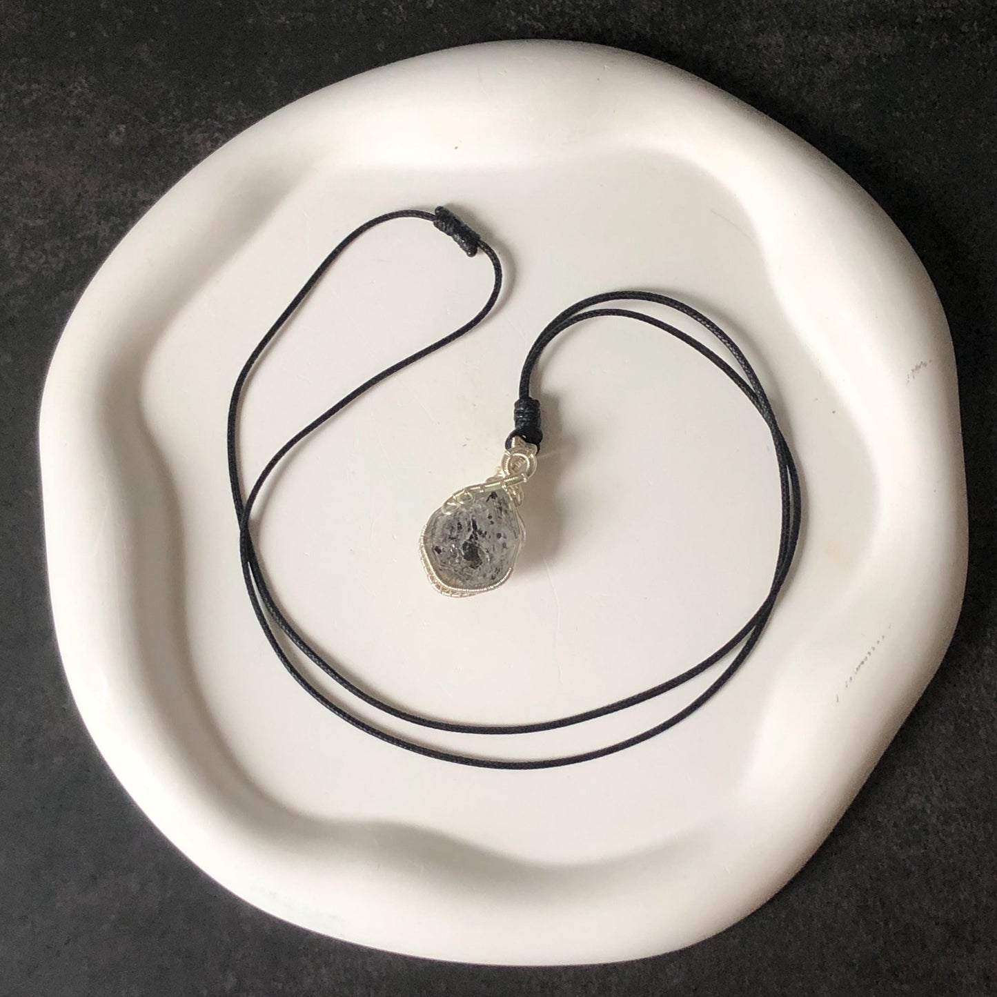 Polished Enhydro Quartz (Herkimer Diamond) Wire Wrapped Small Pendant Adjustable Necklace: Shifting Big Bubble and Moving Sand with Black Tourmaline Inclusion Crystal | Natural Gemstone Birthstone Gift for her  enhydro quartz sand water-fall pendant necklace choker gemstone charm stone pendant choker polished stone pendant crystal charm birthstone gift for her men necklace chakra crystal purify stone minerals specimen adjustable choker silver wire wrapped pendant