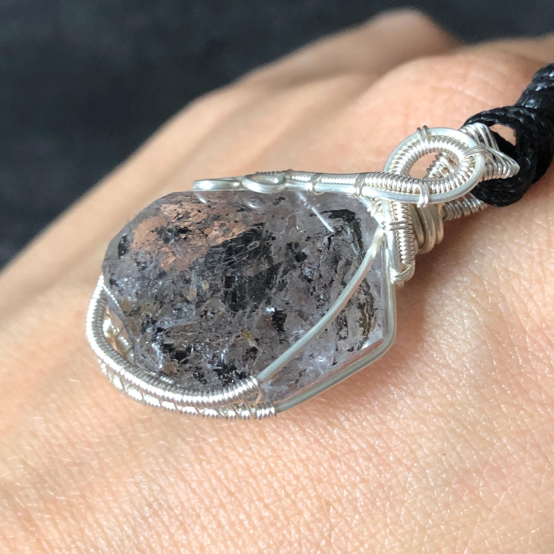 Polished Enhydro Quartz (Herkimer Diamond) Wire Wrapped Small Pendant Adjustable Necklace: Shifting Big Bubble and Moving Sand with Black Tourmaline Inclusion Crystal | Natural Gemstone Birthstone Gift for her  enhydro quartz sand water-fall pendant necklace choker gemstone charm stone pendant choker polished stone pendant crystal charm birthstone gift for her men necklace chakra crystal purify stone minerals specimen adjustable choker silver wire wrapped pendant