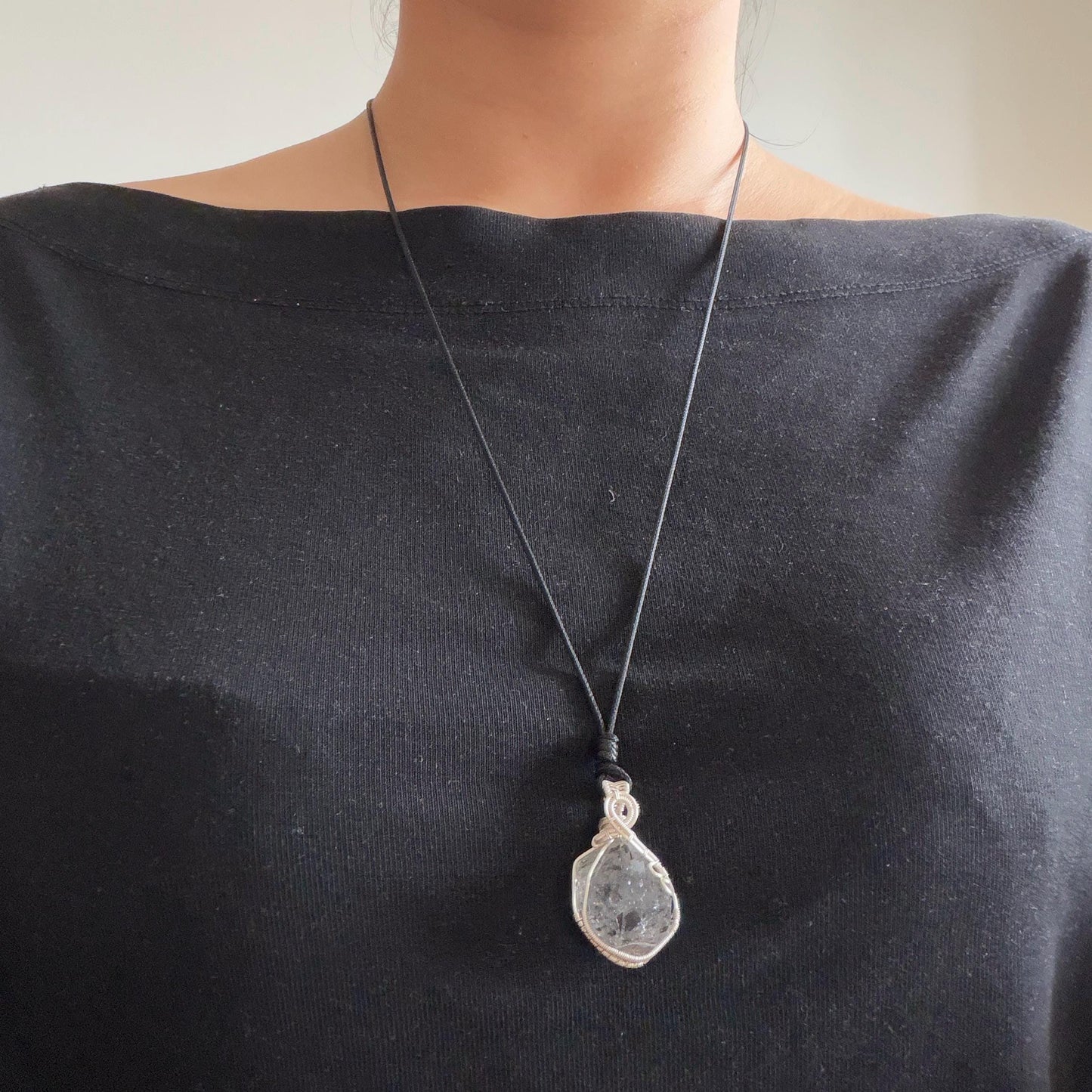 Polished Enhydro Quartz (Herkimer Diamond) Wire Wrapped Small Pendant Adjustable Necklace: Shifting Big Bubble and Moving Sand with Black Tourmaline Inclusion Crystal | Natural Gemstone Birthstone Gift for her  enhydro quartz sand water-fall pendant necklace choker gemstone charm stone pendant choker polished stone pendant crystal charm birthstone gift for her men necklace chakra crystal purify stone minerals specimen adjustable choker silver wire wrapped pendant