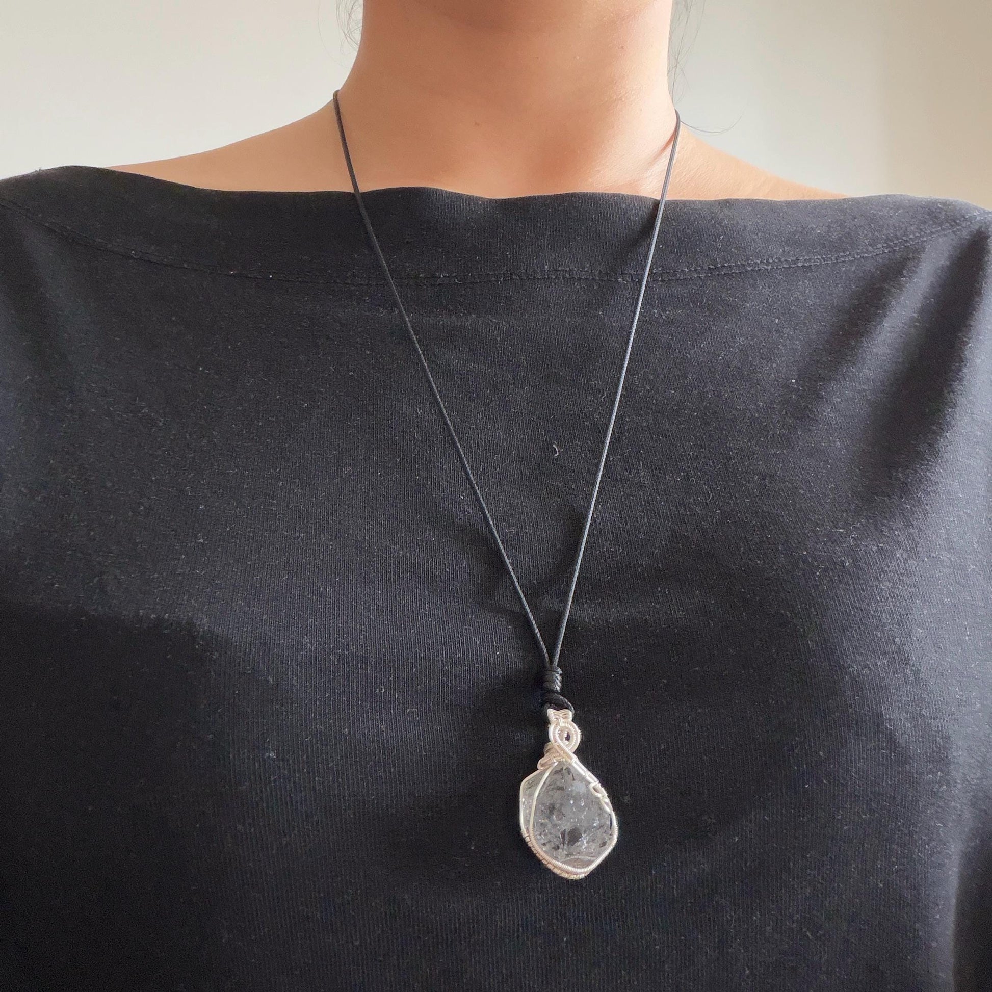 Polished Enhydro Quartz (Herkimer Diamond) Wire Wrapped Small Pendant Adjustable Necklace: Shifting Big Bubble and Moving Sand with Black Tourmaline Inclusion Crystal | Natural Gemstone Birthstone Gift for her  enhydro quartz sand water-fall pendant necklace choker gemstone charm stone pendant choker polished stone pendant crystal charm birthstone gift for her men necklace chakra crystal purify stone minerals specimen adjustable choker silver wire wrapped pendant