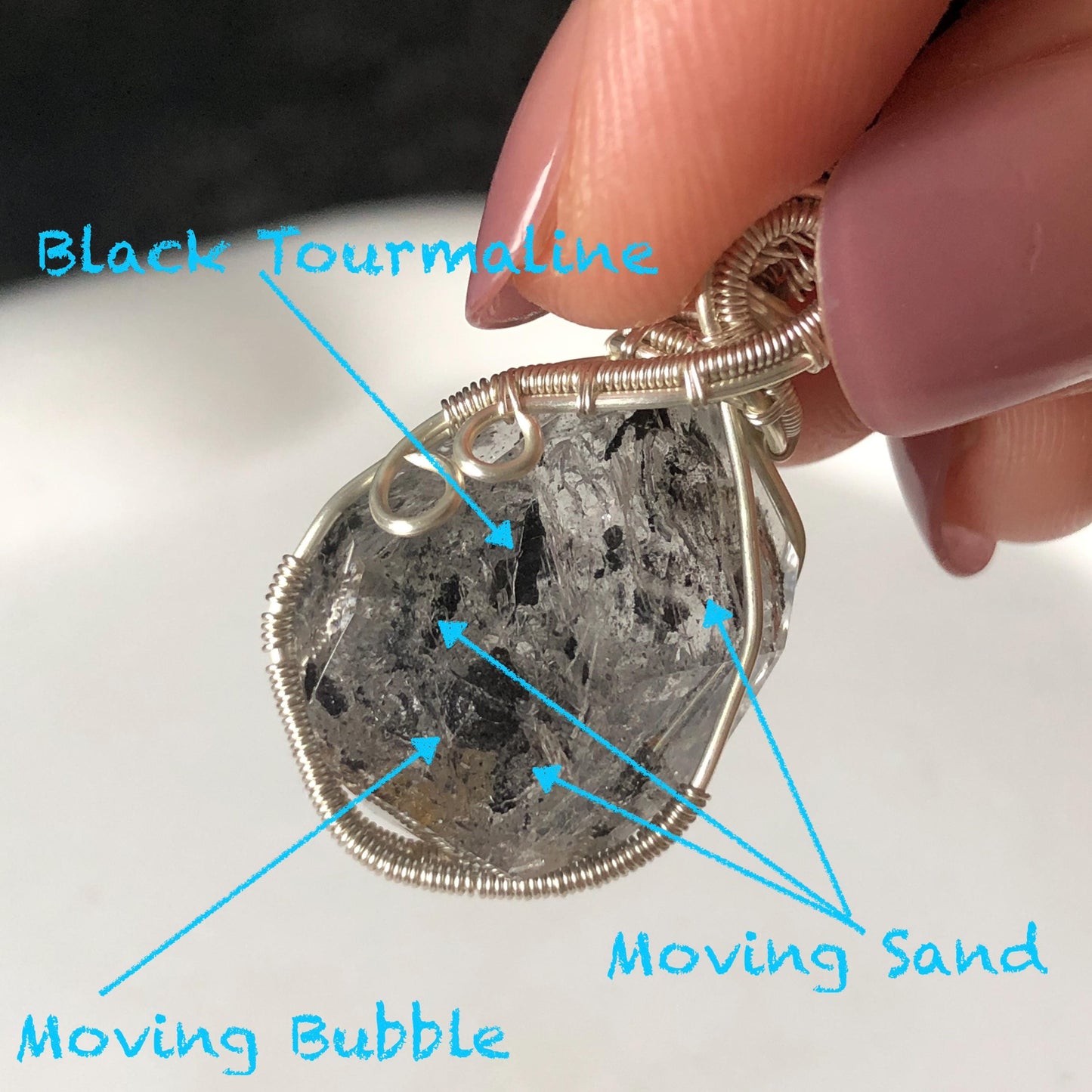 Polished Enhydro Quartz (Herkimer Diamond) Wire Wrapped Small Pendant Adjustable Necklace: Shifting Big Bubble and Moving Sand with Black Tourmaline Inclusion Crystal | Natural Gemstone Birthstone Gift for her  enhydro quartz sand water-fall pendant necklace choker gemstone charm stone pendant choker polished stone pendant crystal charm birthstone gift for her men necklace chakra crystal purify stone minerals specimen adjustable choker silver wire wrapped pendant