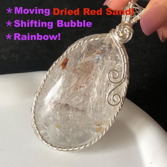Rare Found! Polished Enhydro Quartz Wrapped Wire Pendant Adjustable Necklace: Rainbow Moving Dried Red Sand & Shifting Bubble Inclusion Crystal Palm Stone| Natural Gemstone Birthstone Gift for her enhydro quartz sand water-fall pendant necklace choker gemstone charm stone pendant choker polished stone pendant crystal charm birthstone men necklace chakra crystal minerals specimen silver wire wrapped pendant inclusion crystal inclusion crystal sediment stone dirt inclusion rainbow quartz