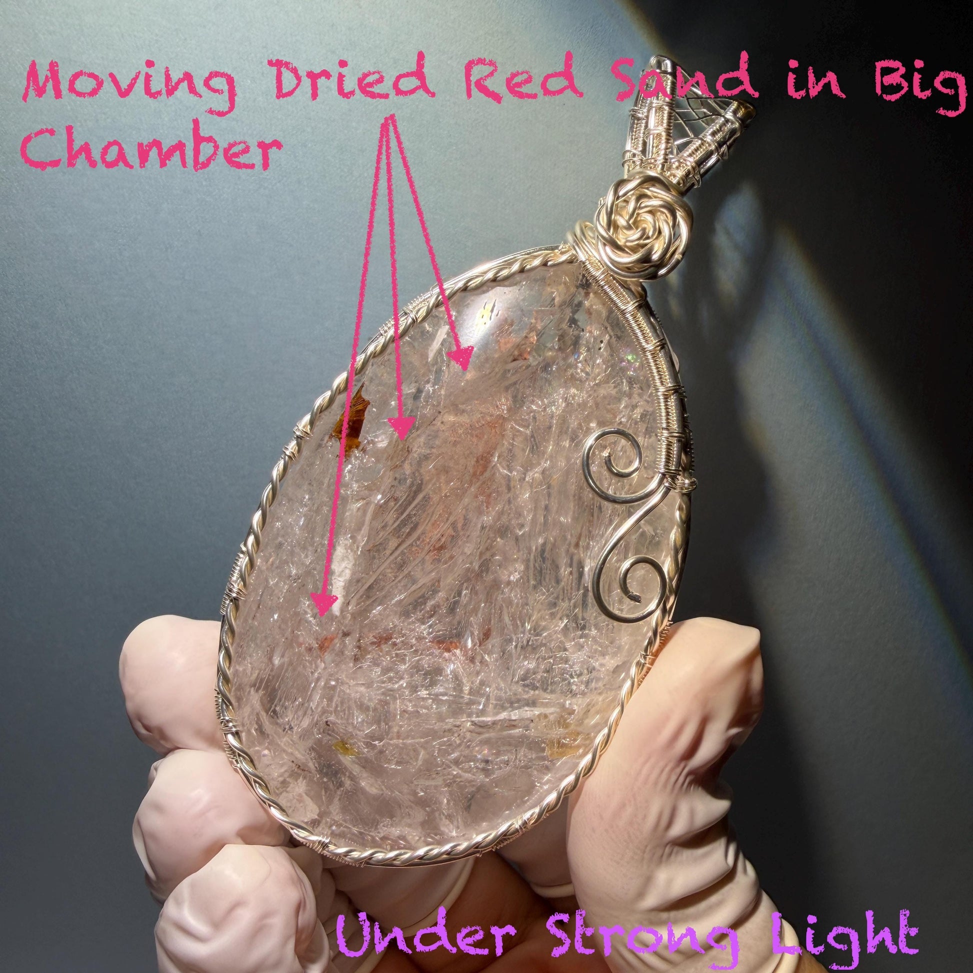 Rare Found! Polished Enhydro Quartz Wrapped Wire Pendant Adjustable Necklace: Rainbow Moving Dried Red Sand & Shifting Bubble Inclusion Crystal Palm Stone| Natural Gemstone Birthstone Gift for her enhydro quartz sand water-fall pendant necklace choker gemstone charm stone pendant choker polished stone pendant crystal charm birthstone men necklace chakra crystal minerals specimen silver wire wrapped pendant inclusion crystal inclusion crystal sediment stone dirt inclusion rainbow quartz
