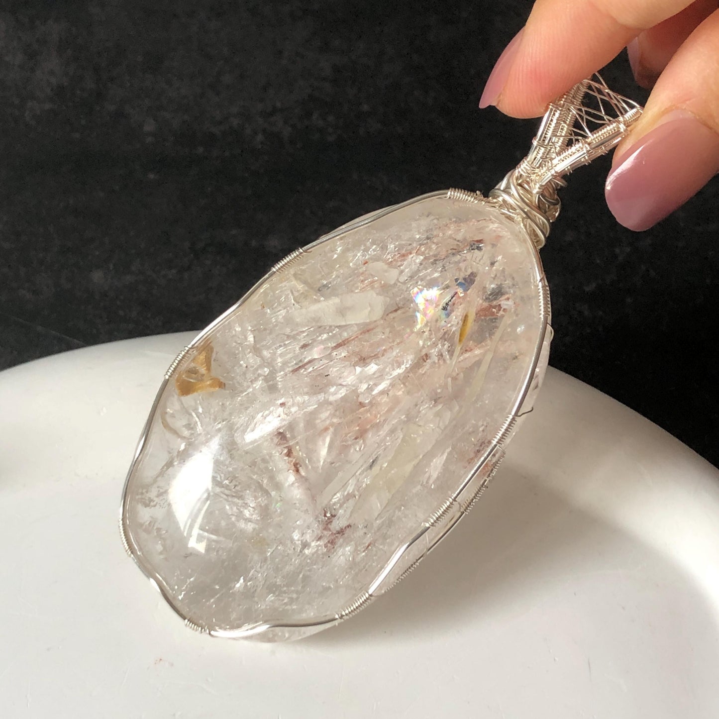 Rare Found! Polished Enhydro Quartz Wrapped Wire Pendant Adjustable Necklace: Rainbow Moving Dried Red Sand & Shifting Bubble Inclusion Crystal Palm Stone| Natural Gemstone Birthstone Gift for her enhydro quartz sand water-fall pendant necklace choker gemstone charm stone pendant choker polished stone pendant crystal charm birthstone men necklace chakra crystal minerals specimen silver wire wrapped pendant inclusion crystal inclusion crystal sediment stone dirt inclusion rainbow quartz