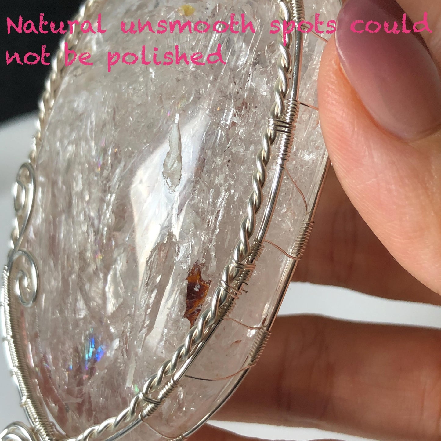 Rare Found! Polished Enhydro Quartz Wrapped Wire Pendant Adjustable Necklace: Rainbow Moving Dried Red Sand & Shifting Bubble Inclusion Crystal Palm Stone| Natural Gemstone Birthstone Gift for her enhydro quartz sand water-fall pendant necklace choker gemstone charm stone pendant choker polished stone pendant crystal charm birthstone men necklace chakra crystal minerals specimen silver wire wrapped pendant inclusion crystal inclusion crystal sediment stone dirt inclusion rainbow quartz