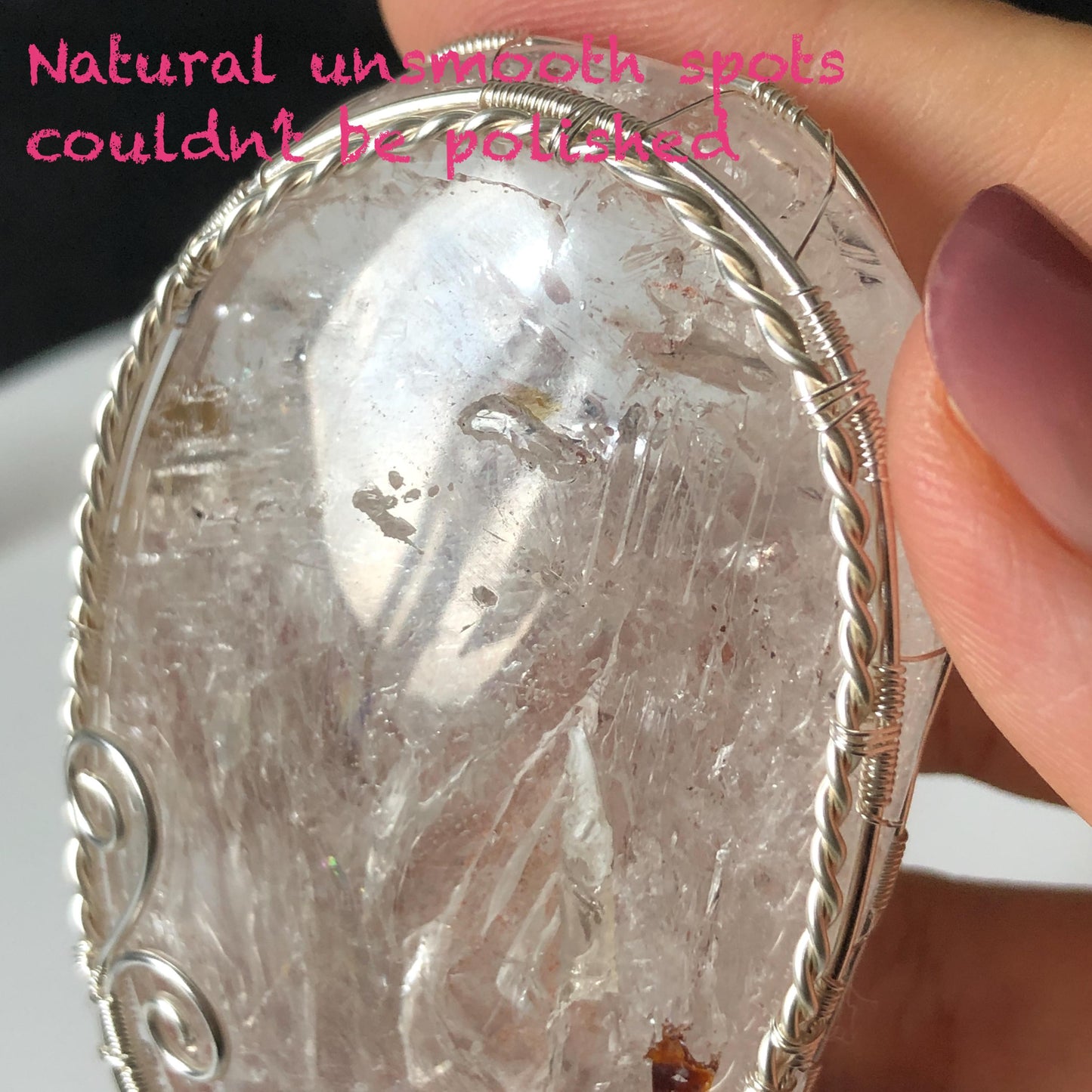 Rare Found! Polished Enhydro Quartz Wrapped Wire Pendant Adjustable Necklace: Rainbow Moving Dried Red Sand & Shifting Bubble Inclusion Crystal Palm Stone| Natural Gemstone Birthstone Gift for her enhydro quartz sand water-fall pendant necklace choker gemstone charm stone pendant choker polished stone pendant crystal charm birthstone men necklace chakra crystal minerals specimen silver wire wrapped pendant inclusion crystal inclusion crystal sediment stone dirt inclusion rainbow quartz