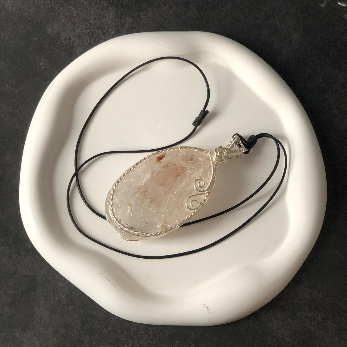 Rare Found! Polished Enhydro Quartz Wrapped Wire Pendant Adjustable Necklace: Rainbow Moving Dried Red Sand & Shifting Bubble Inclusion Crystal Palm Stone| Natural Gemstone Birthstone Gift for her enhydro quartz sand water-fall pendant necklace choker gemstone charm stone pendant choker polished stone pendant crystal charm birthstone men necklace chakra crystal minerals specimen silver wire wrapped pendant inclusion crystal inclusion crystal sediment stone dirt inclusion rainbow quartz