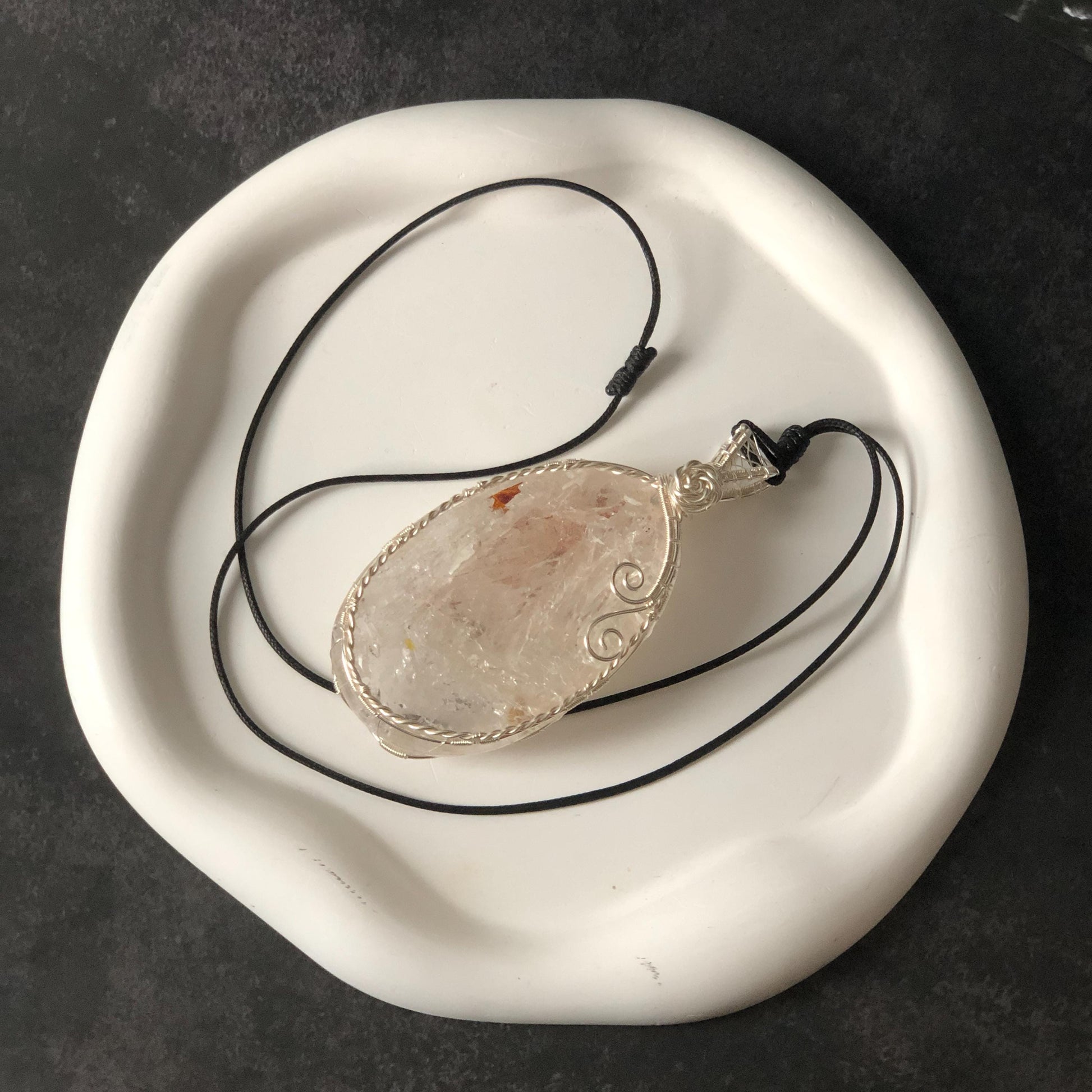 Rare Found! Polished Enhydro Quartz Wrapped Wire Pendant Adjustable Necklace: Rainbow Moving Dried Red Sand & Shifting Bubble Inclusion Crystal Palm Stone| Natural Gemstone Birthstone Gift for her enhydro quartz sand water-fall pendant necklace choker gemstone charm stone pendant choker polished stone pendant crystal charm birthstone men necklace chakra crystal minerals specimen silver wire wrapped pendant inclusion crystal inclusion crystal sediment stone dirt inclusion rainbow quartz