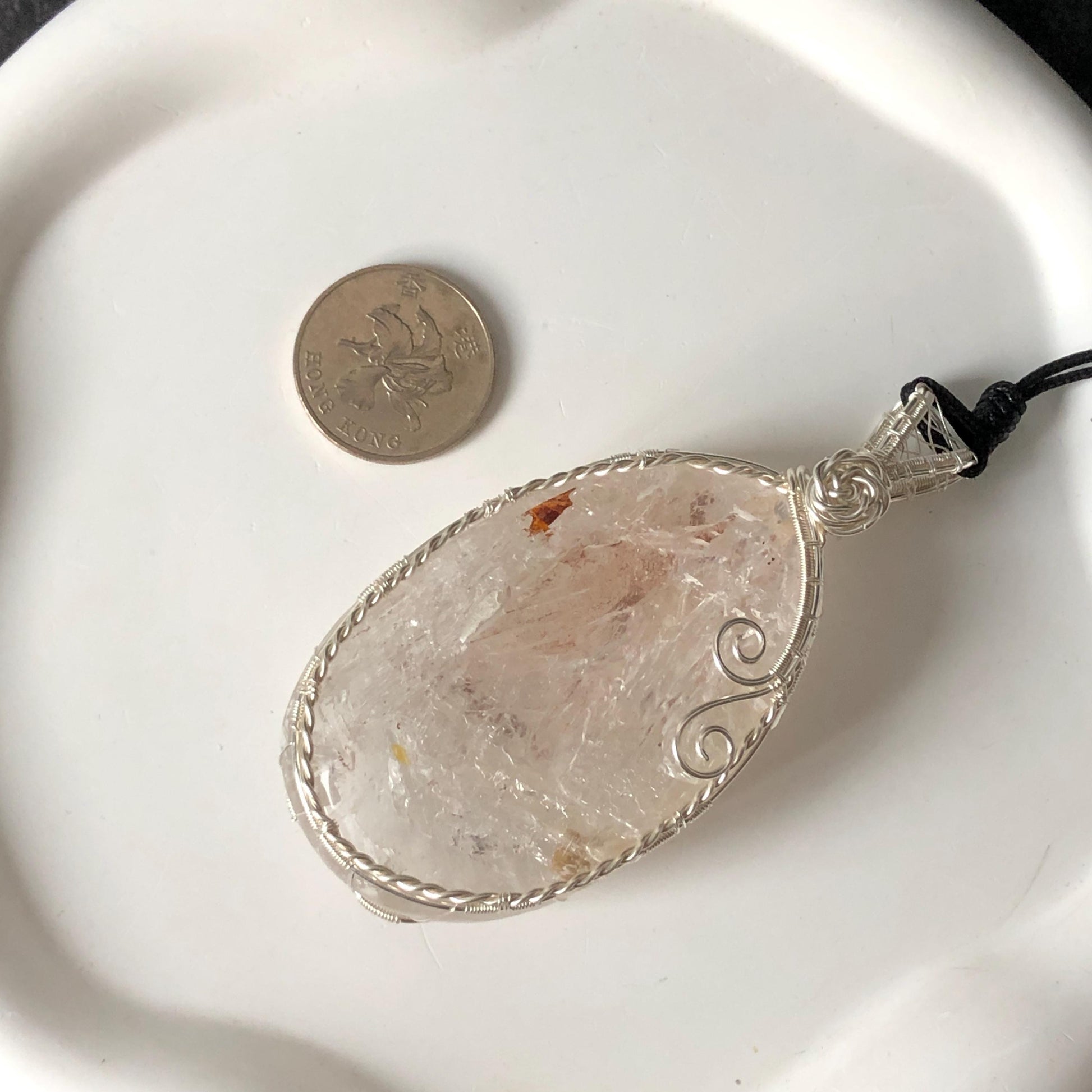 Rare Found! Polished Enhydro Quartz Wrapped Wire Pendant Adjustable Necklace: Rainbow Moving Dried Red Sand & Shifting Bubble Inclusion Crystal Palm Stone| Natural Gemstone Birthstone Gift for her enhydro quartz sand water-fall pendant necklace choker gemstone charm stone pendant choker polished stone pendant crystal charm birthstone men necklace chakra crystal minerals specimen silver wire wrapped pendant inclusion crystal inclusion crystal sediment stone dirt inclusion rainbow quartz