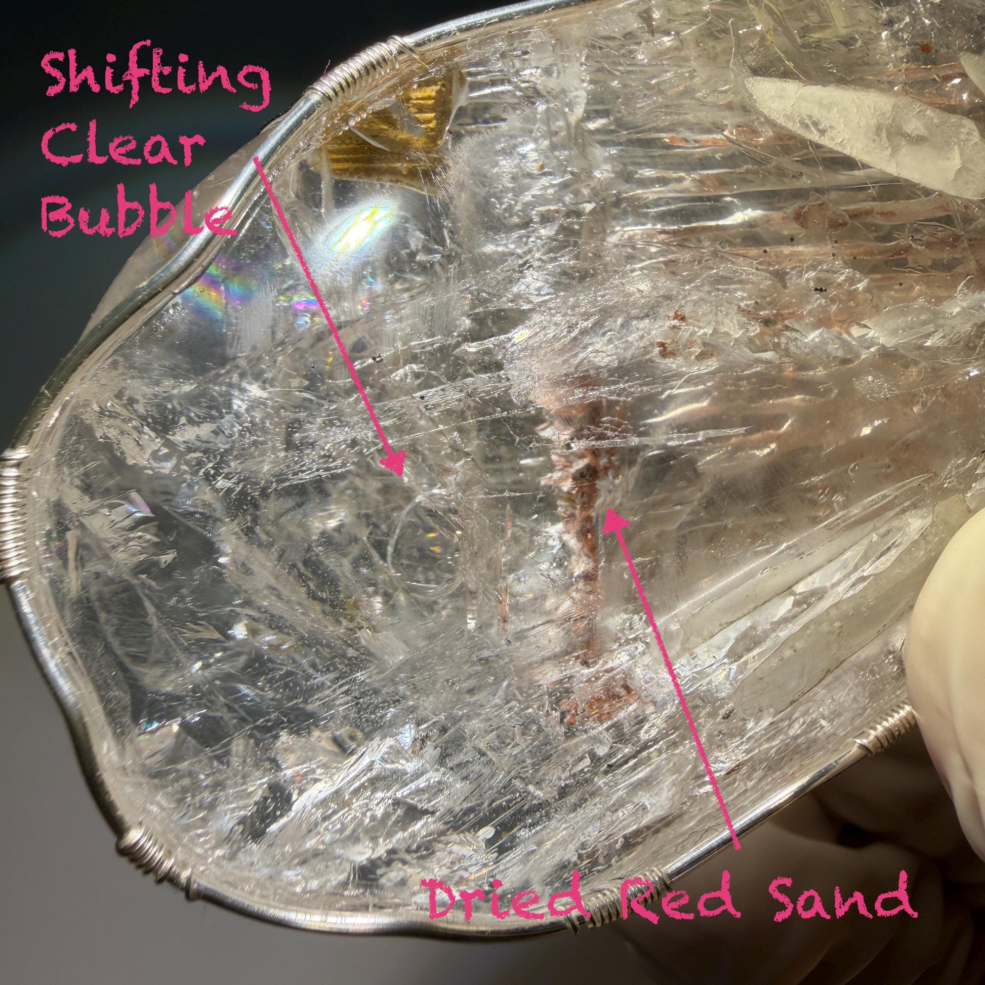 Rare Found Polished Enhydro Quartz Pendant Adjustable Necklace: Rainbow Moving Dried Red Sand & Shifting Bubble Inclusion Crystal Palm Stone