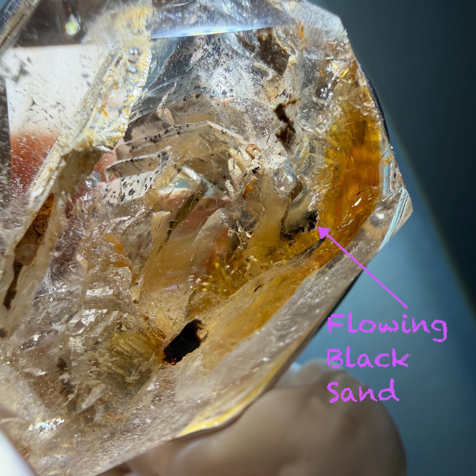 Ultra Rare! Polished Enhydro Skeleton Quartz Silver Pendant Necklace: Moving Golden Yellow & Black Sand with Big Bubble Inclusion Crystal