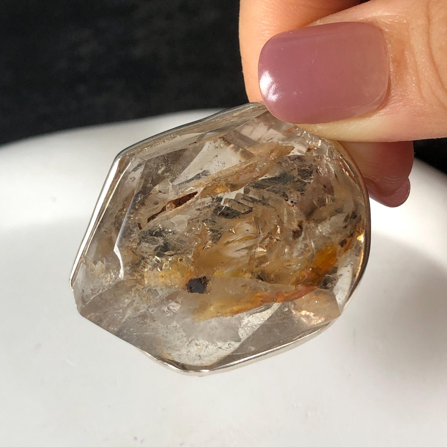 Ultra Rare! Polished Enhydro Skeleton Quartz Silver Pendant Necklace: Moving Golden Yellow & Black Sand with Big Bubble Inclusion Crystal