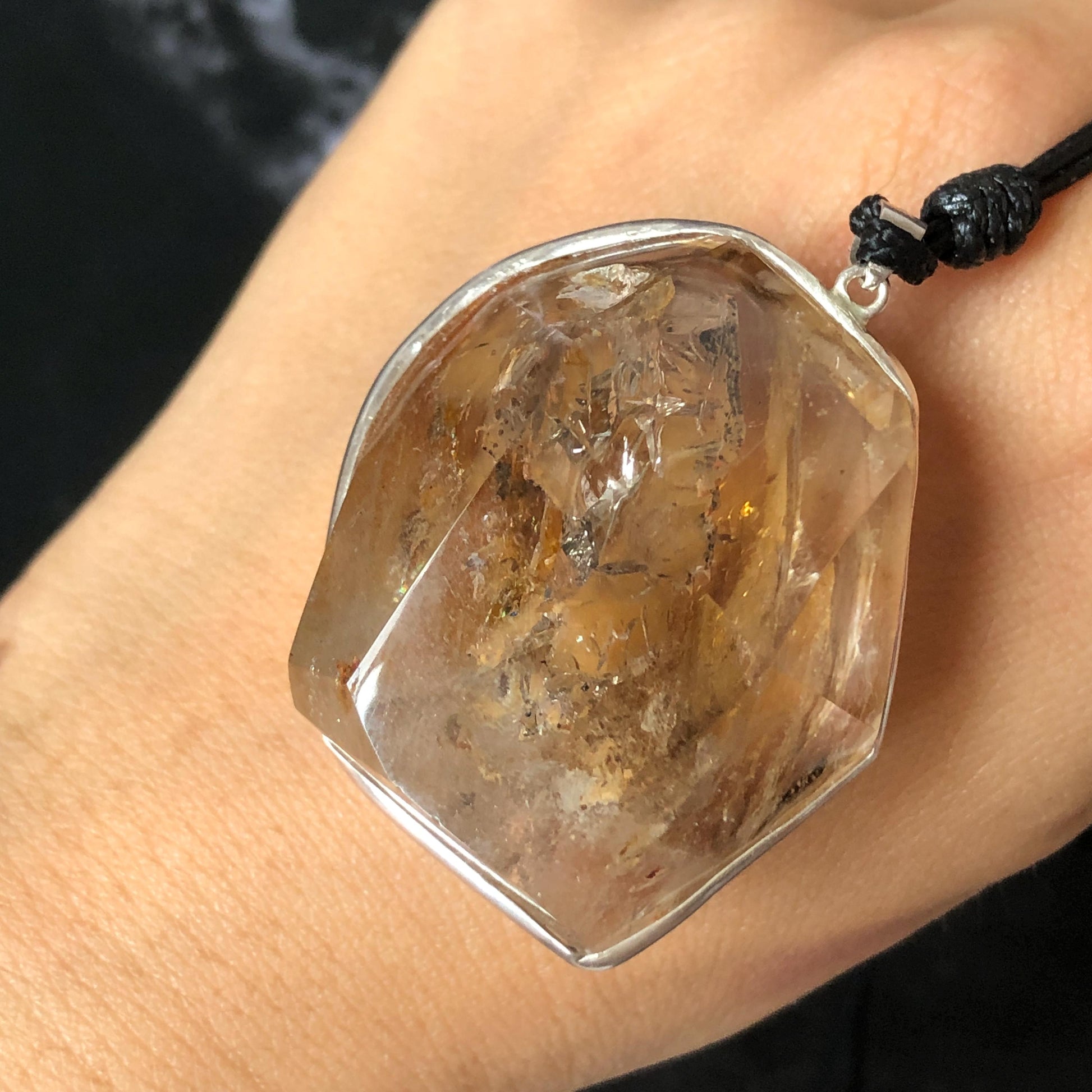 Ultra Rare! Polished Enhydro Skeleton Quartz Silver Pendant Necklace: Moving Golden Yellow & Black Sand with Big Bubble Inclusion Crystal