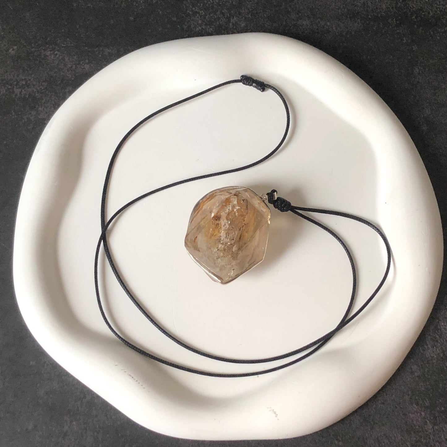 Ultra Rare! Polished Enhydro Skeleton Quartz Silver Pendant Necklace: Moving Golden Yellow & Black Sand with Big Bubble Inclusion Crystal
