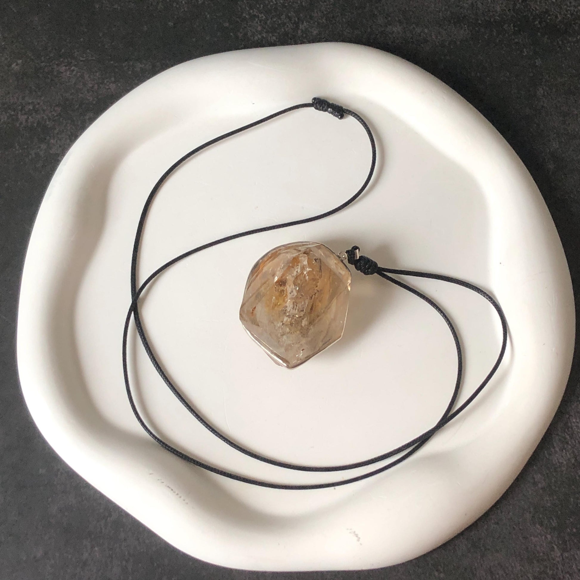 Ultra Rare! Polished Enhydro Skeleton Quartz Silver Pendant Necklace: Moving Golden Yellow & Black Sand with Big Bubble Inclusion Crystal