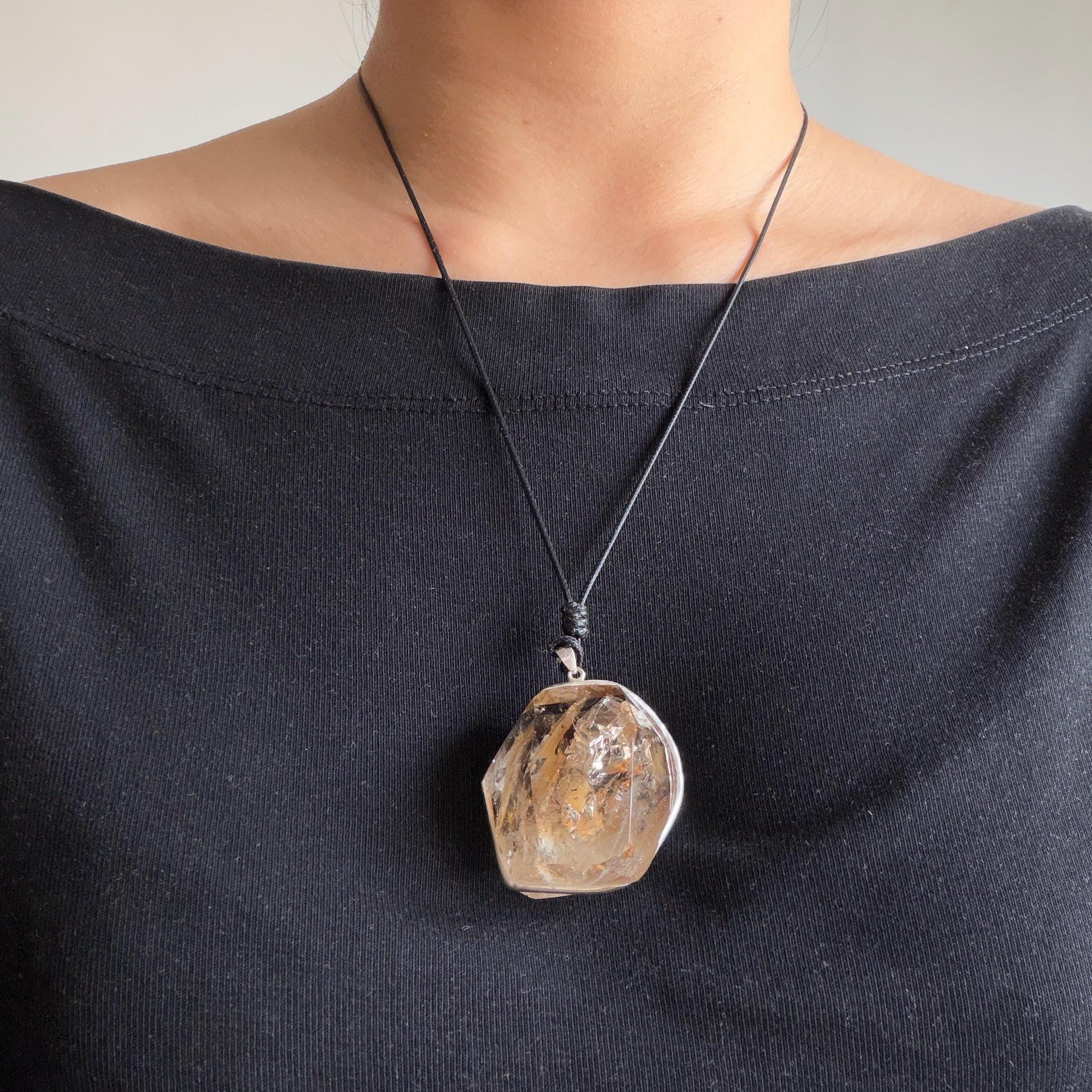Ultra Rare! Polished Enhydro Skeleton Quartz Silver Pendant Necklace: Moving Golden Yellow & Black Sand with Big Bubble Inclusion Crystal