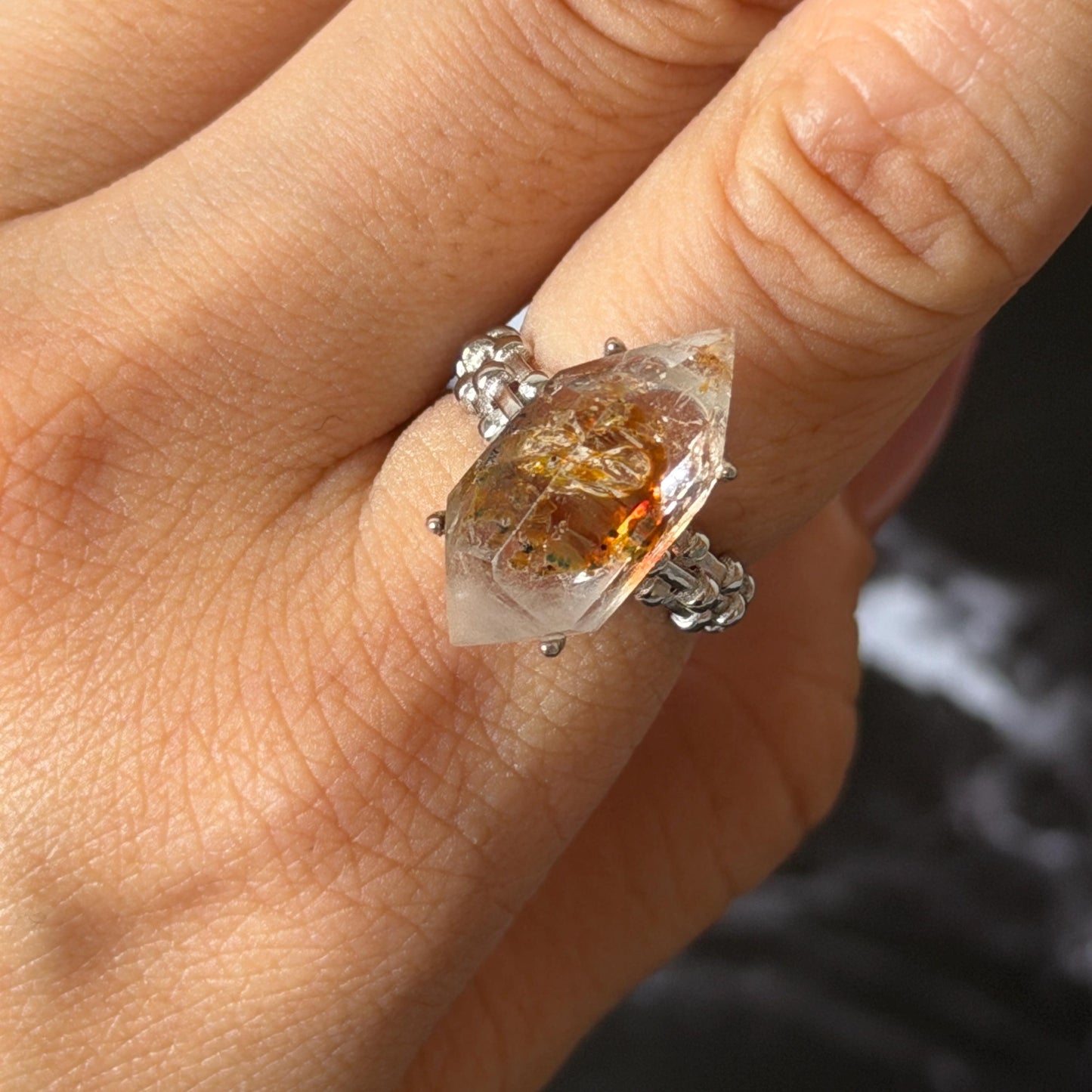 Polished Petroleum Enhydro Quartz S925 Silver Adjustable Ring: Moving Sand & Clear Bubble in Golden Red Petroleum Oil Inclusion | Natural Gemstone Birthstone Gift for her golden red oil enhydro quartz cocktail ring for women bold ring for men meditation rock healing stone chakra crystal big size ring crystal band ring herkimer diamond silver ring stackable ring women statement ring minerals specimen inclusion quartz inclusion crystal