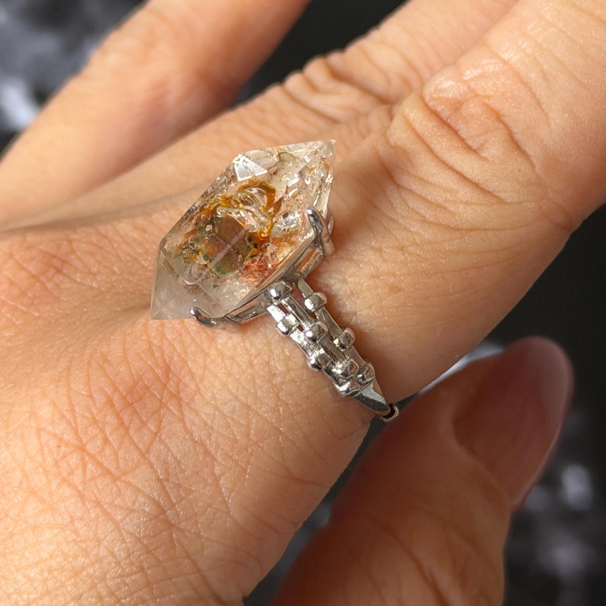 Polished Petroleum Enhydro Quartz S925 Silver Adjustable Ring: Moving Sand & Clear Bubble in Golden Red Petroleum Oil Inclusion | Natural Gemstone Birthstone Gift for her golden red oil enhydro quartz cocktail ring for women bold ring for men meditation rock healing stone chakra crystal big size ring crystal band ring herkimer diamond silver ring stackable ring women statement ring minerals specimen inclusion quartz inclusion crystal