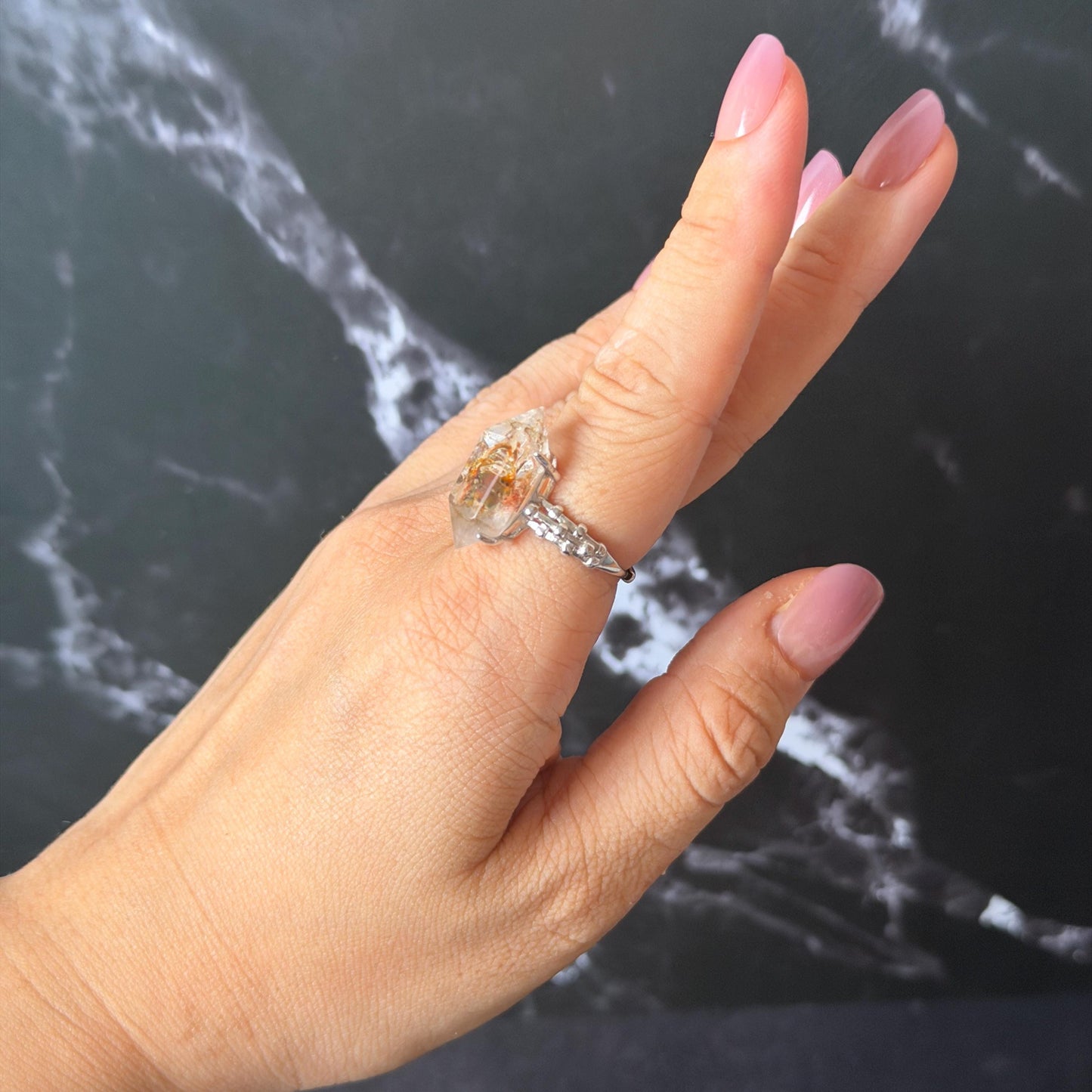 Polished Petroleum Enhydro Quartz S925 Silver Adjustable Ring: Moving Sand & Clear Bubble in Golden Red Petroleum Oil Inclusion | Natural Gemstone Birthstone Gift for her golden red oil enhydro quartz cocktail ring for women bold ring for men meditation rock healing stone chakra crystal big size ring crystal band ring herkimer diamond silver ring stackable ring women statement ring minerals specimen inclusion quartz inclusion crystal